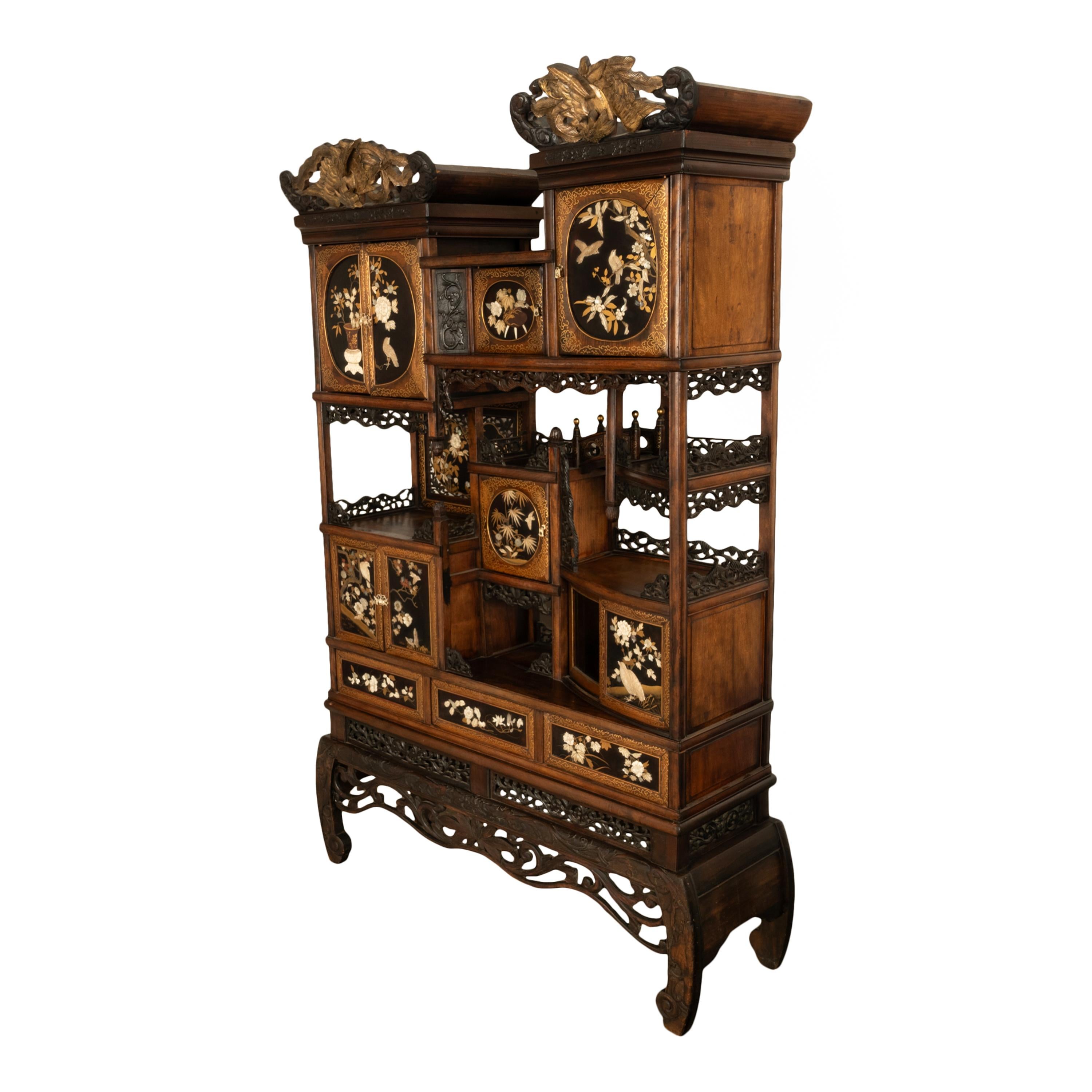 Hand-Carved Antique Japanese Lacquer Inlaid Hardwood Meiji Period Shibayama Shodana Cabinet For Sale