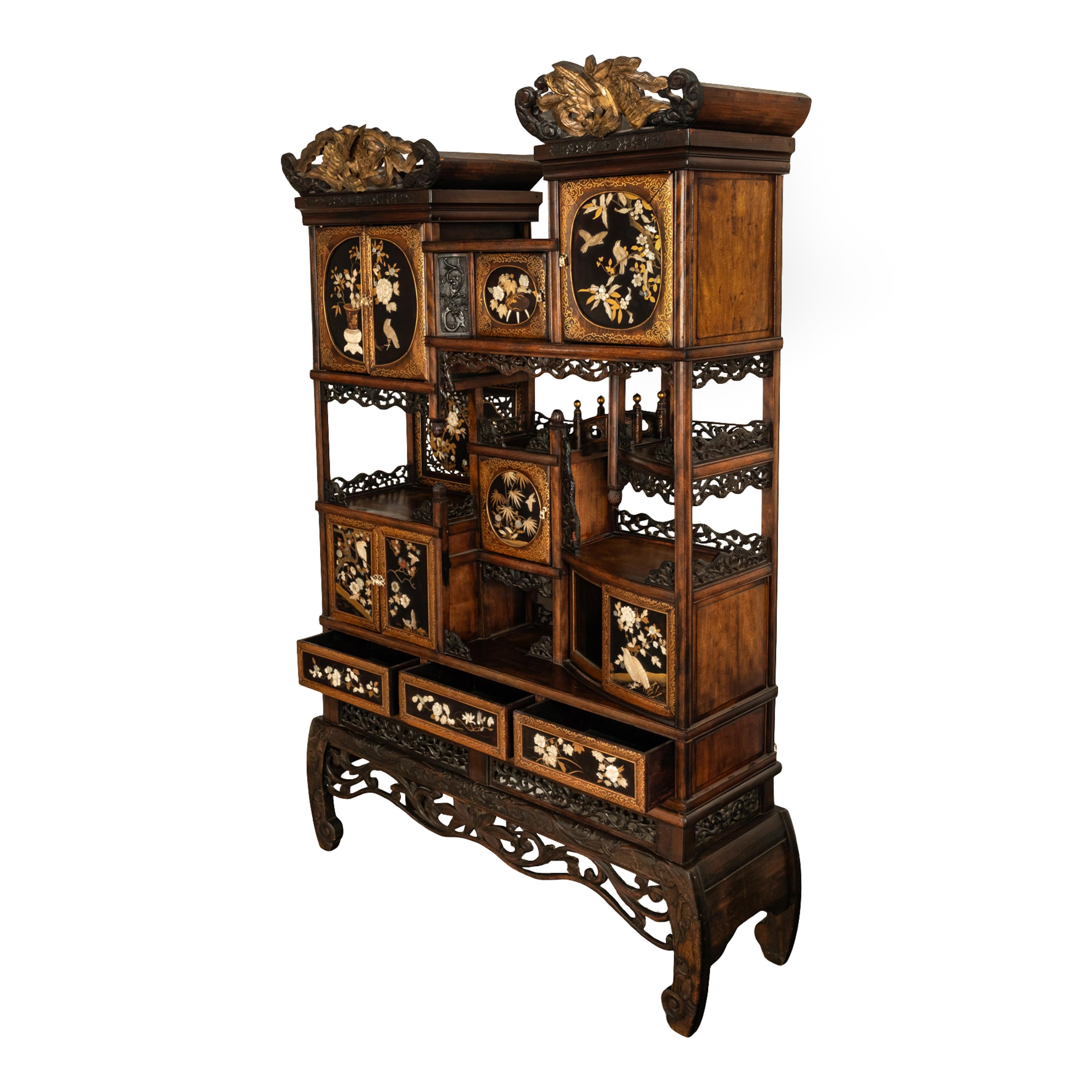 Antique Japanese Lacquer Inlaid Hardwood Meiji Period Shibayama Shodana Cabinet In Good Condition For Sale In Portland, OR