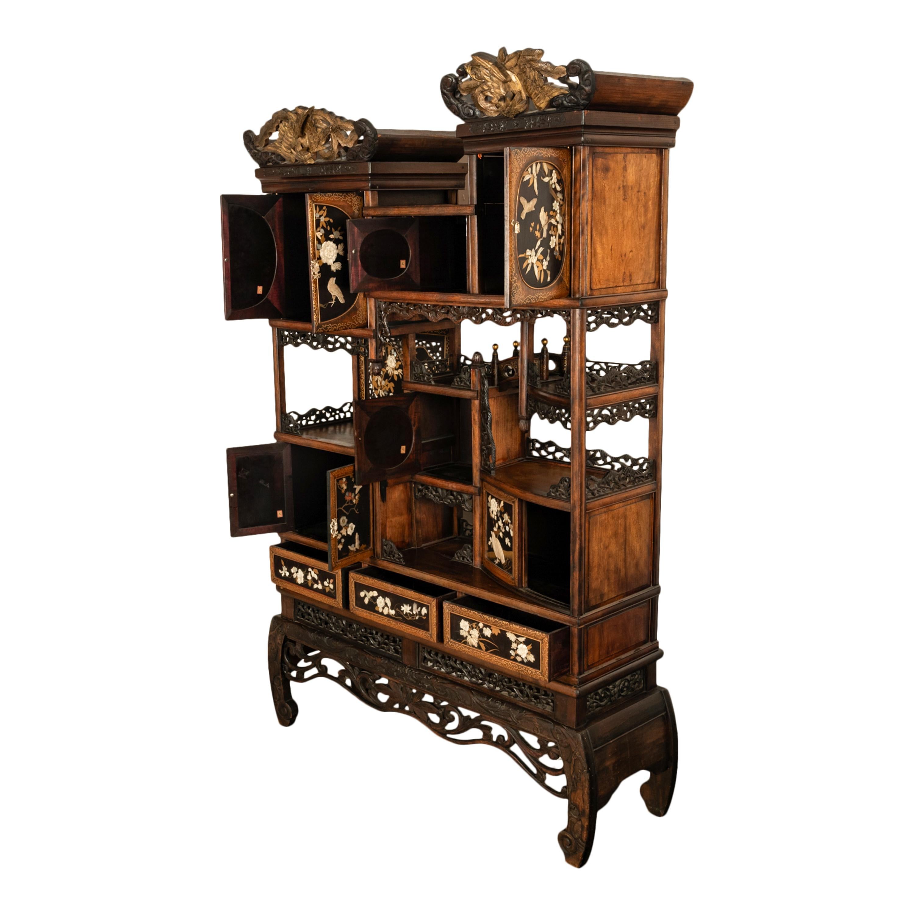 19th Century Antique Japanese Lacquer Inlaid Hardwood Meiji Period Shibayama Shodana Cabinet For Sale