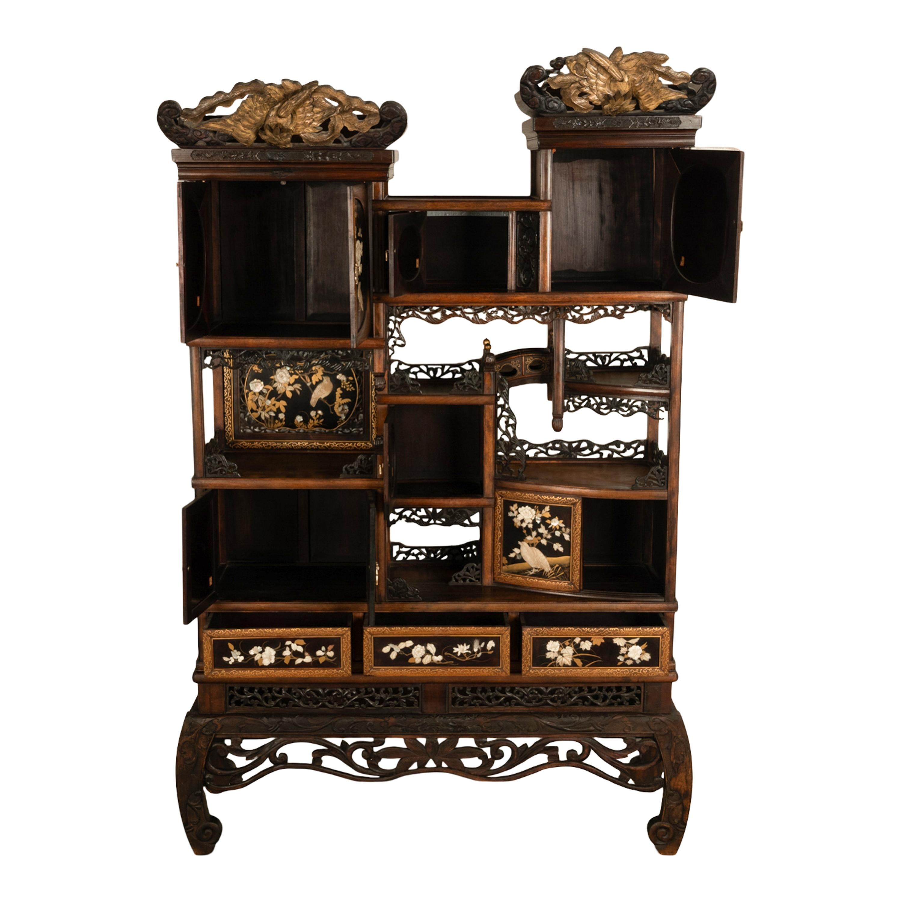 Mother-of-Pearl Antique Japanese Lacquer Inlaid Hardwood Meiji Period Shibayama Shodana Cabinet For Sale