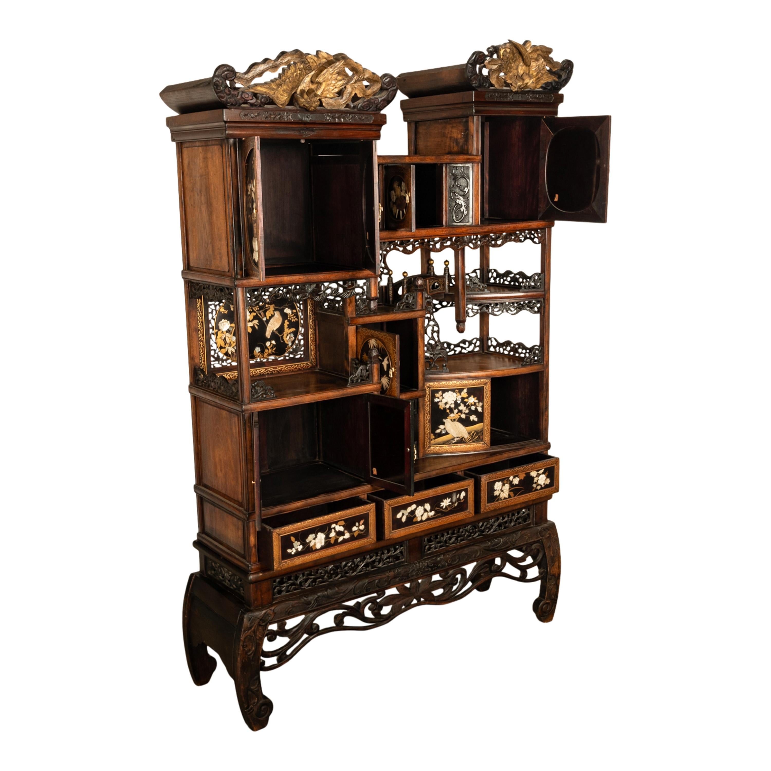 Antique Japanese Lacquer Inlaid Hardwood Meiji Period Shibayama Shodana Cabinet For Sale 1