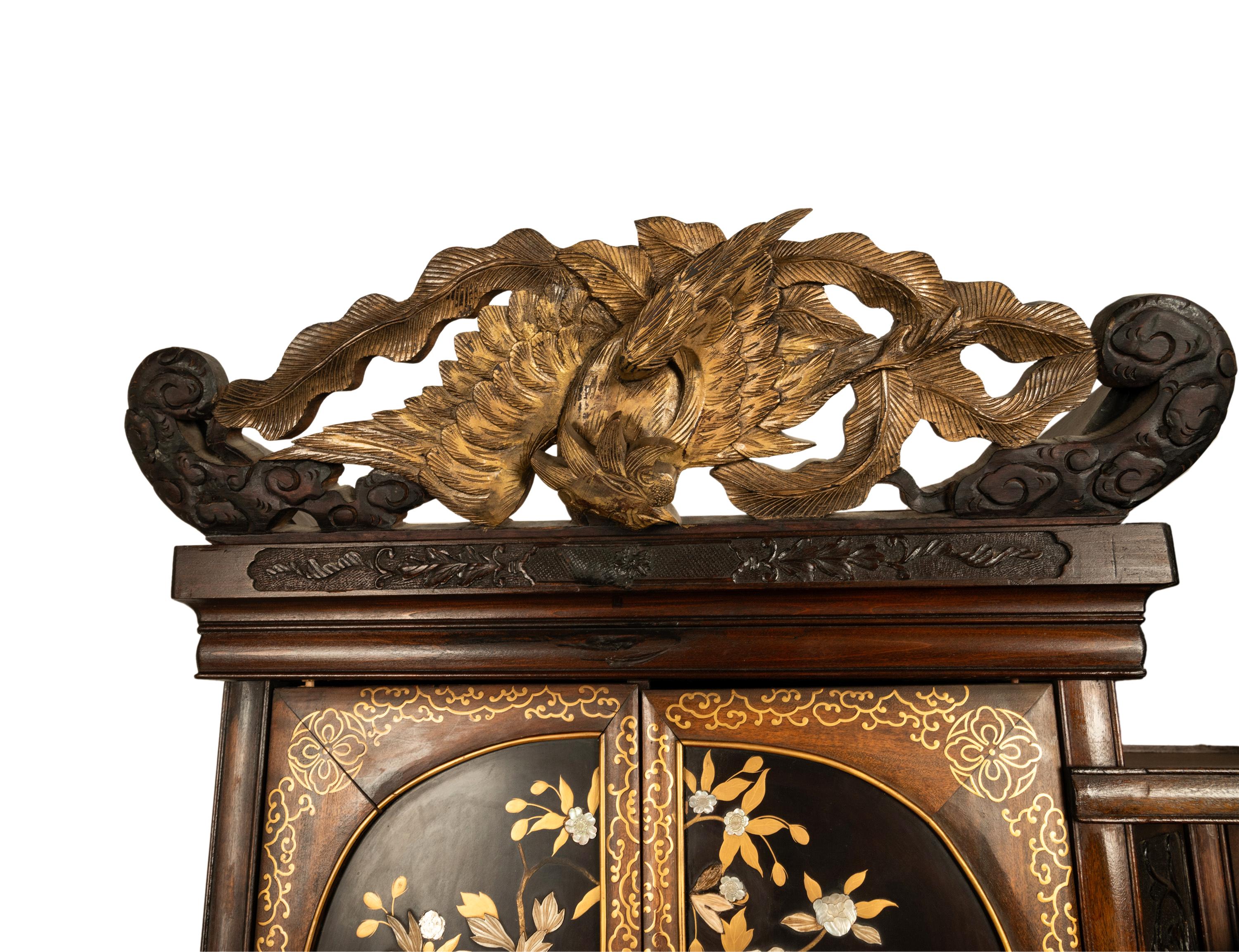 Antique Japanese Lacquer Inlaid Hardwood Meiji Period Shibayama Shodana Cabinet For Sale 3