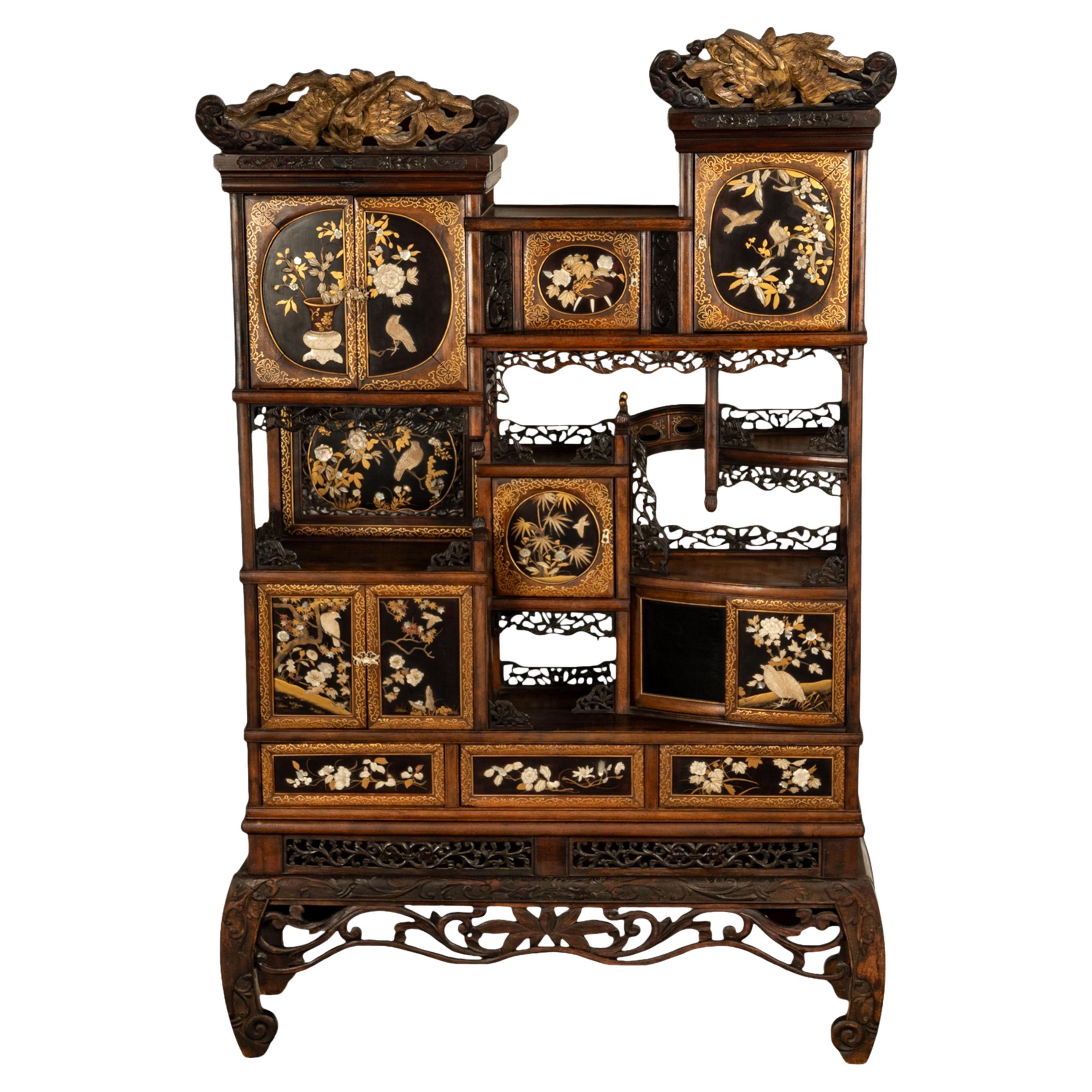 Antique Japanese Lacquer Inlaid Hardwood Meiji Period Shibayama Shodana Cabinet