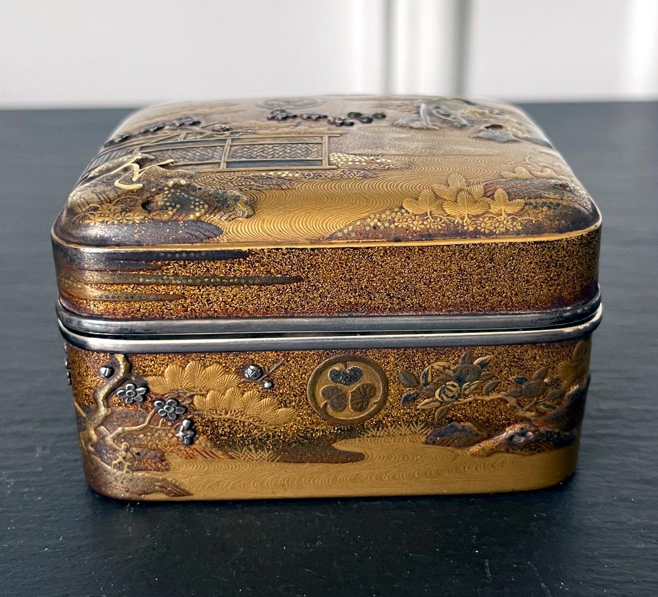 Japonisme Antique Japanese Lacquer Kobako with Silver Inlays Edo Period