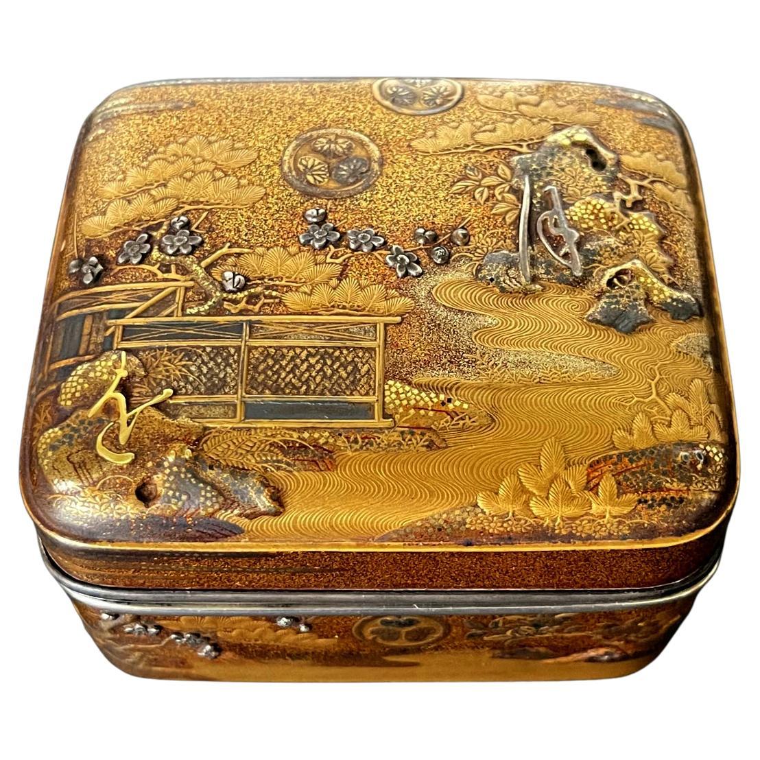 Antique Japanese Lacquer Kobako with Silver Inlays Edo Period