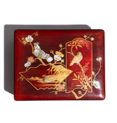 Antique Japanese Lacquered, Enameled, and Inlaid Box With Hinged Lid, c. 1800's