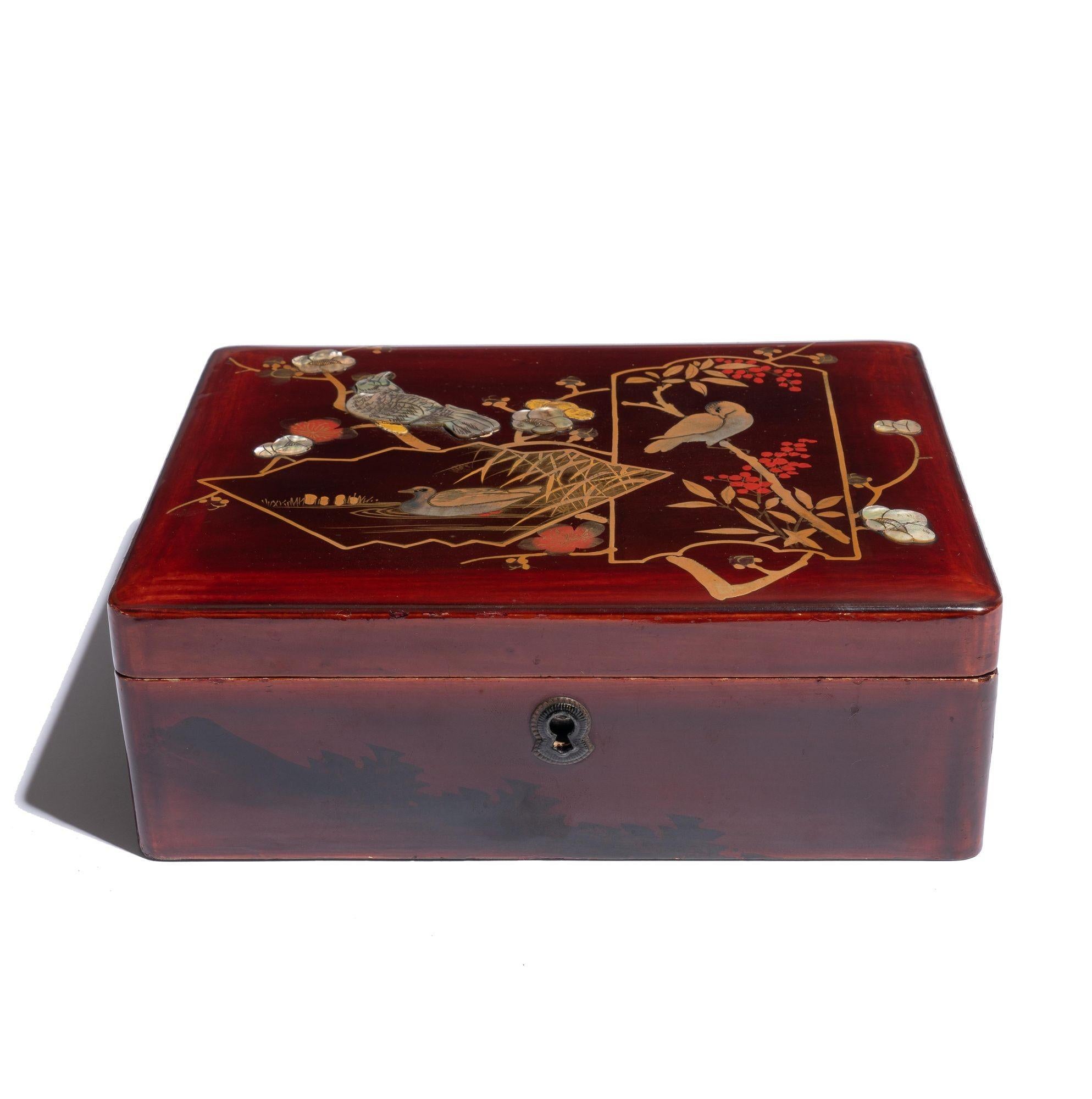 Antique Japanese Lacquered, Enameled, and Inlaid Box With Hinged Lid, c. 1800's In Good Condition For Sale In Kenilworth, IL