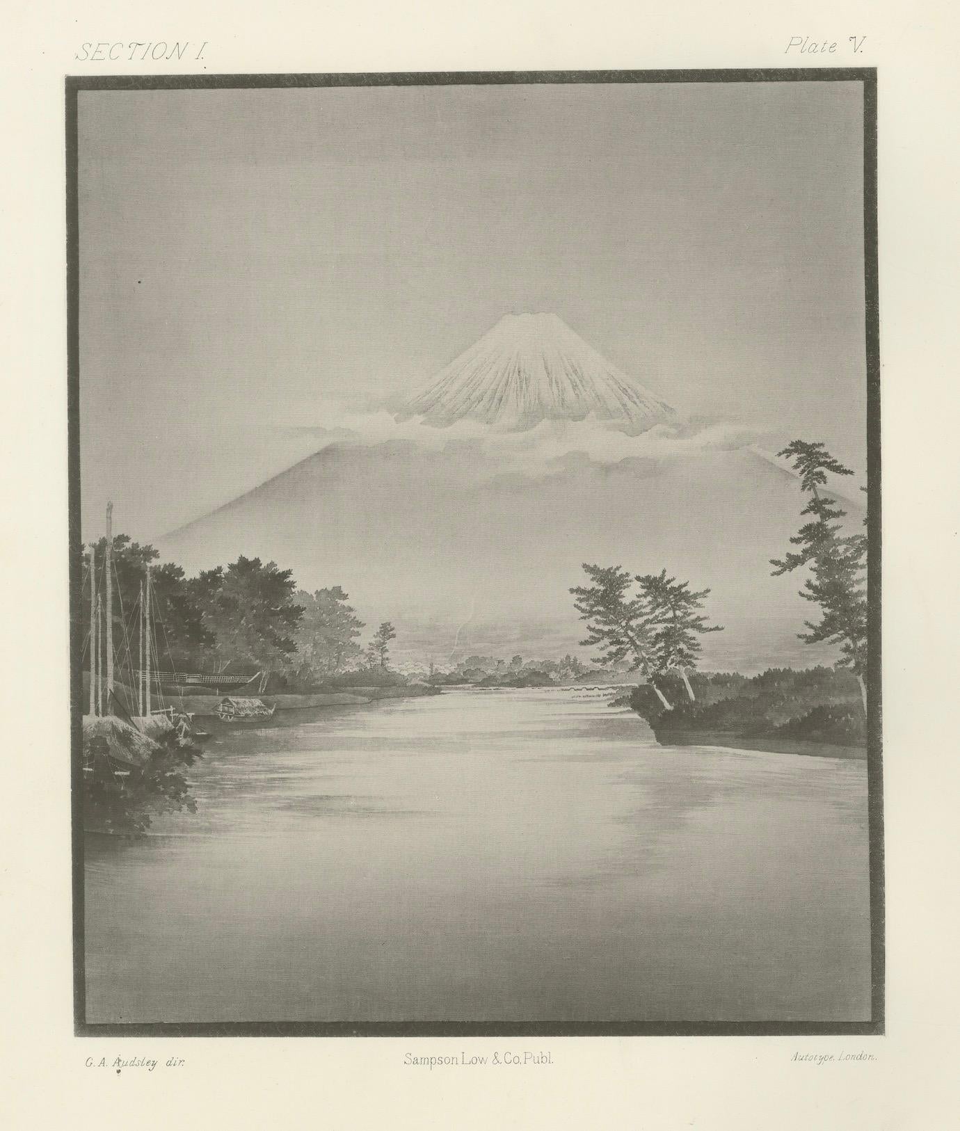 Paper Antique Japanese Landscape Engraving of Mount Fuji: Serene River View, c.1882 For Sale