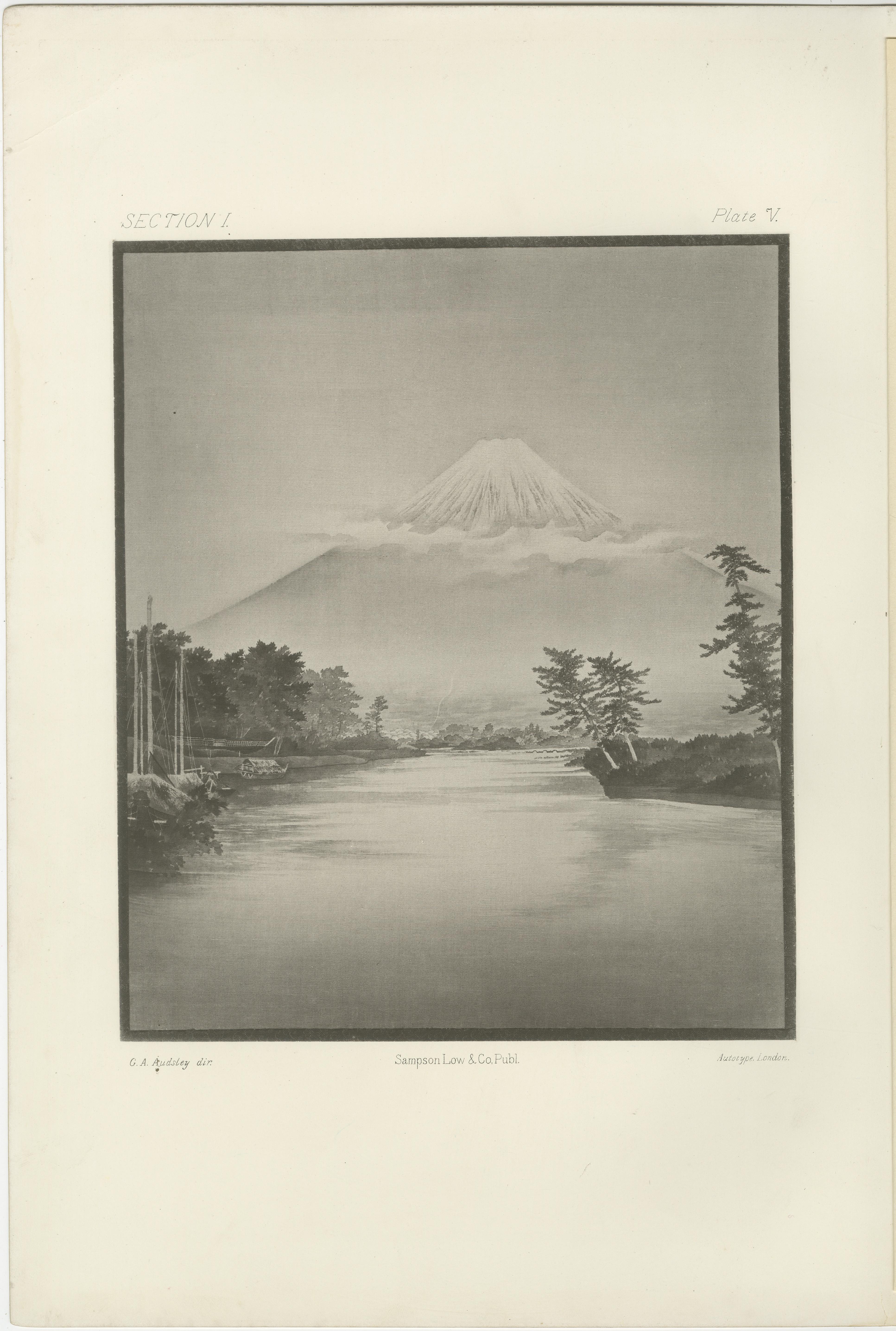 Antique Japanese Landscape Engraving of Mount Fuji: Serene River View, c.1882 For Sale 4