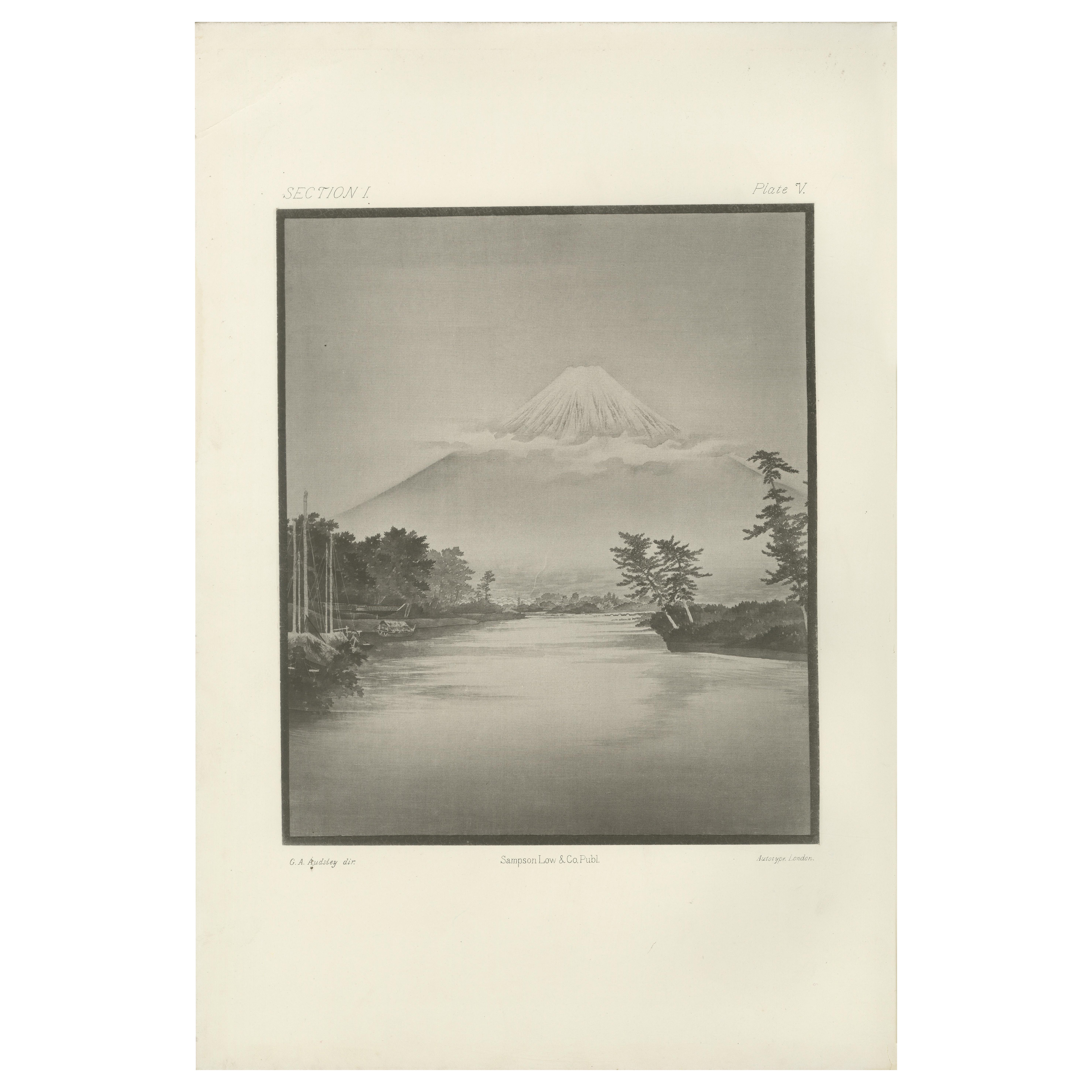 Antica incisione di paesaggio giapponese del Monte Fuji: Sereno panorama fluviale, 1882 ca.