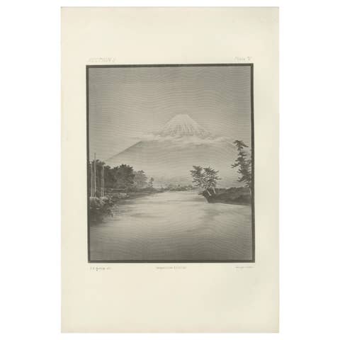 Antique Japanese Landscape Engraving of Mount Fuji: Serene River View, c.1882