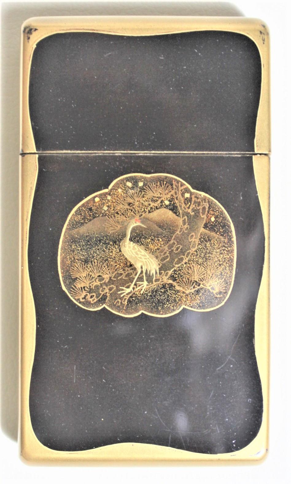 Hand-Painted Antique Japanese Lacquered Card Box with Ornate Hand Painted Gilt Decoration For Sale