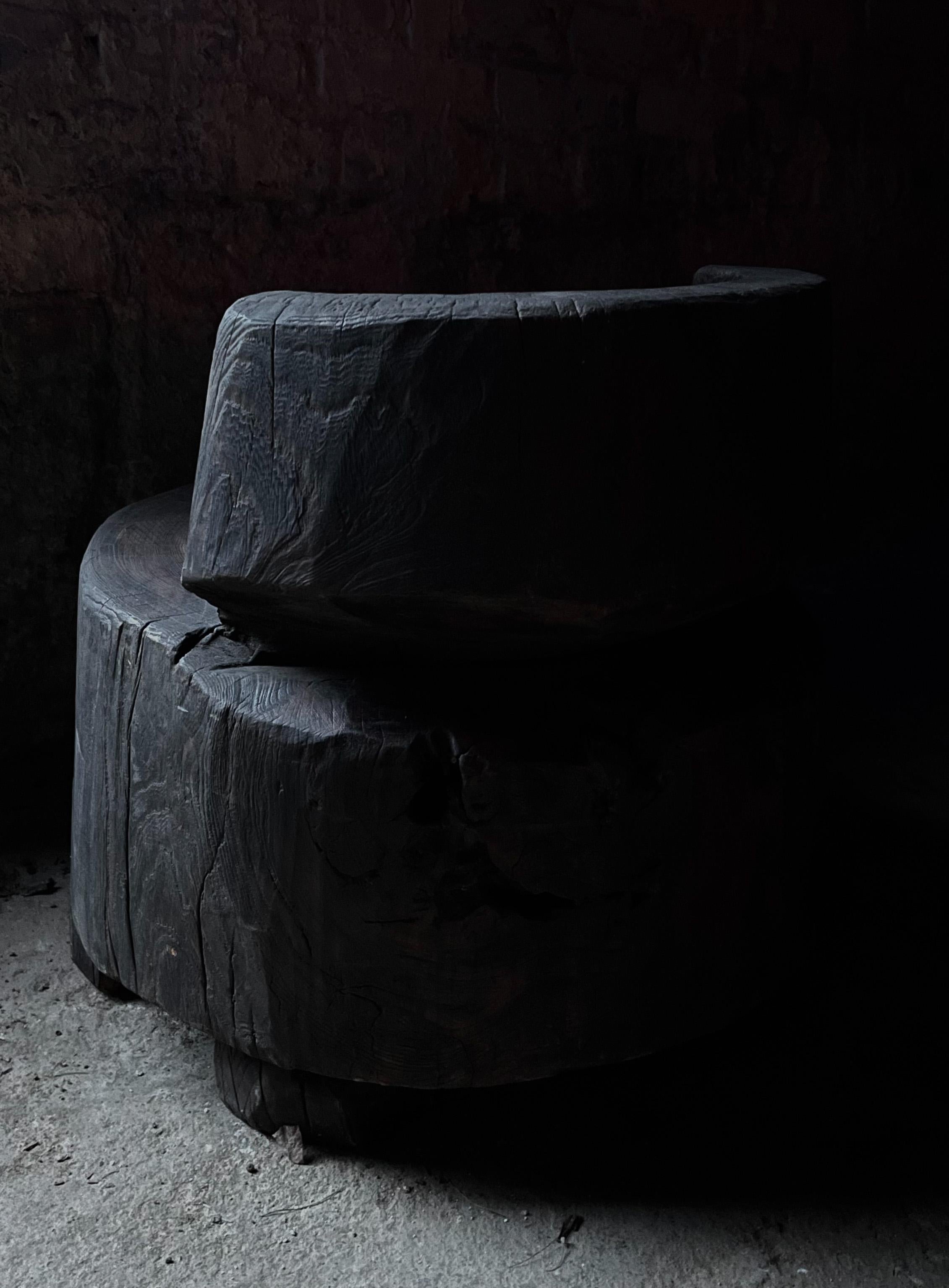 Meiji Antique Japanese Low Usu Dark Black Solid Wood Chair 