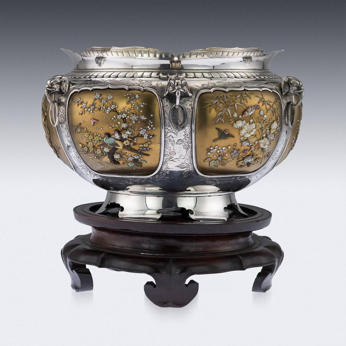 Antique late 19th century magnificent Japanese Meiji period shibayama & silver bowl on stand. The silver mount engraved with various floral decoration complimenting the shibayama work and applied with elephant heads, bowl standing on six scrolled