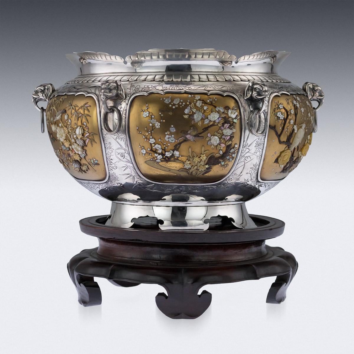 Antique Japanese Magnificent Shibayama Solid Silver Bowl, circa 1890 In Excellent Condition In Royal Tunbridge Wells, Kent