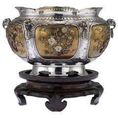 Antique Japanese Magnificent Shibayama Solid Silver Bowl, circa 1890