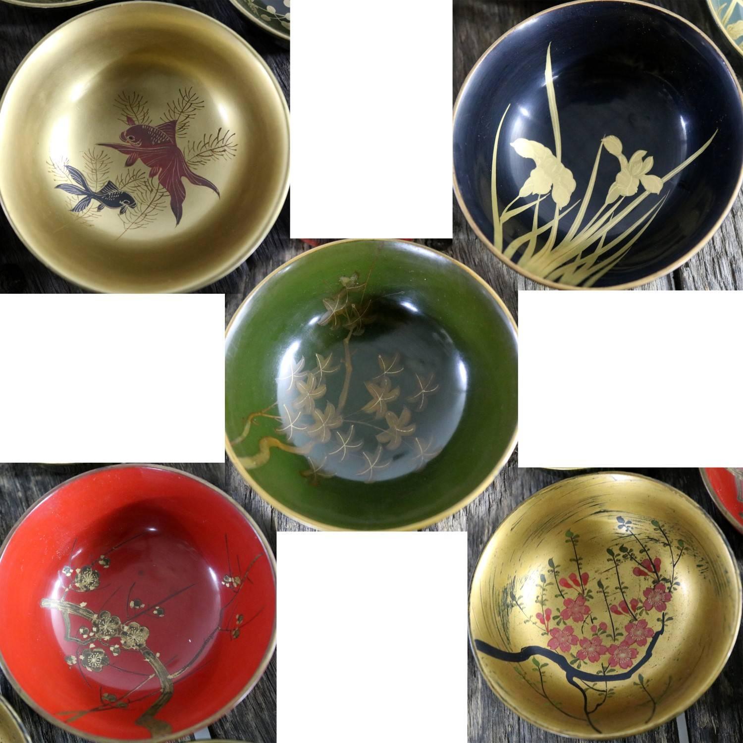 Antique Japanese Maki-E Lacquered Rice or Soup Bowls, Set of Ten 1