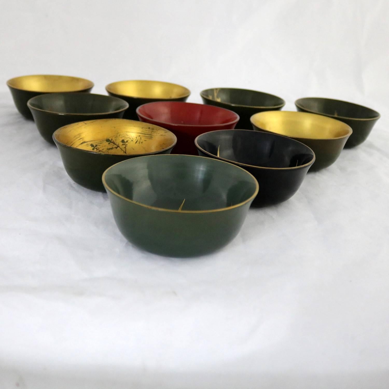 20th Century Antique Japanese Maki-E Lacquered Rice or Soup Bowls, Set of Ten