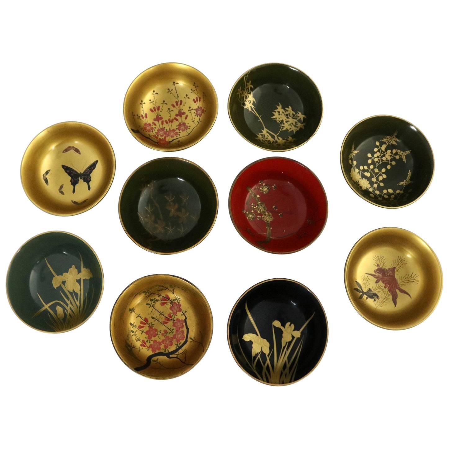Antique Japanese Maki-E Lacquered Rice or Soup Bowls, Set of Ten