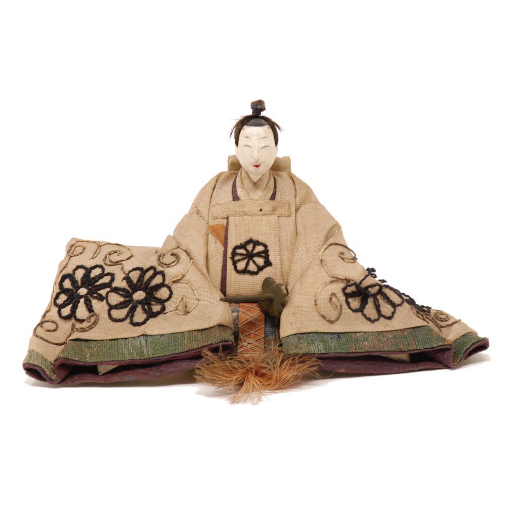 Antique Japanese Mame-bina pair, a type of Hina ningyo pair for the Girl’s Day display, costumed in long formal layered robes, the female with embroidered chirimen silk sleeves and layered kinran textiles complete with folding fan and four armed