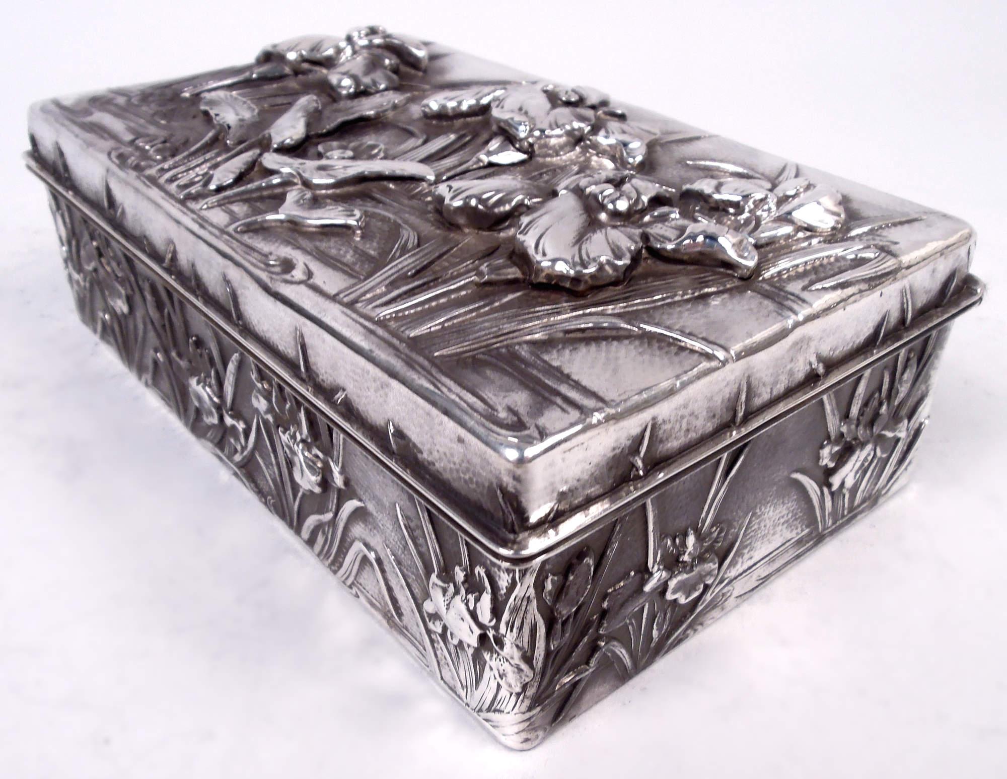 Antique Japanese Meiji Art Nouveau Silver Box with Iris Flowers In Good Condition For Sale In New York, NY