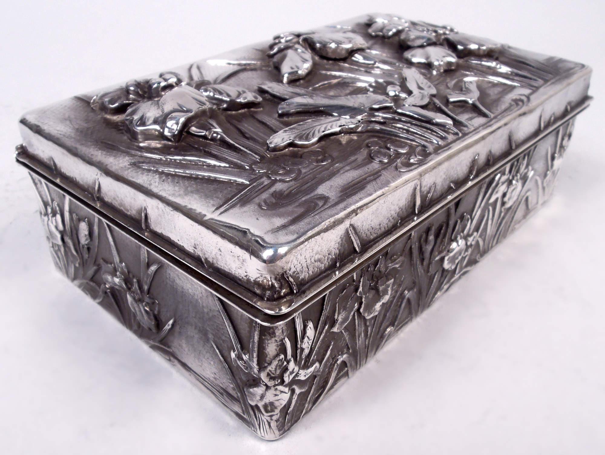 19th Century Antique Japanese Meiji Art Nouveau Silver Box with Iris Flowers For Sale