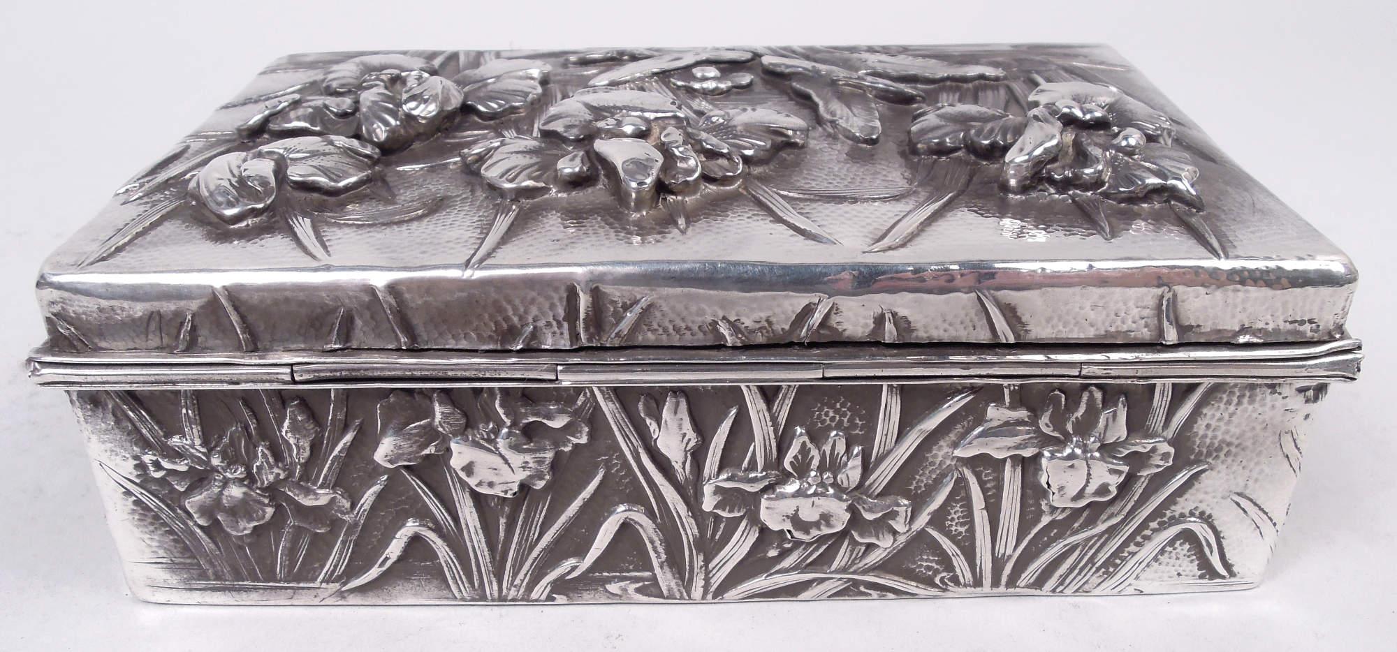 Antique Japanese Meiji Art Nouveau Silver Box with Iris Flowers For Sale 1