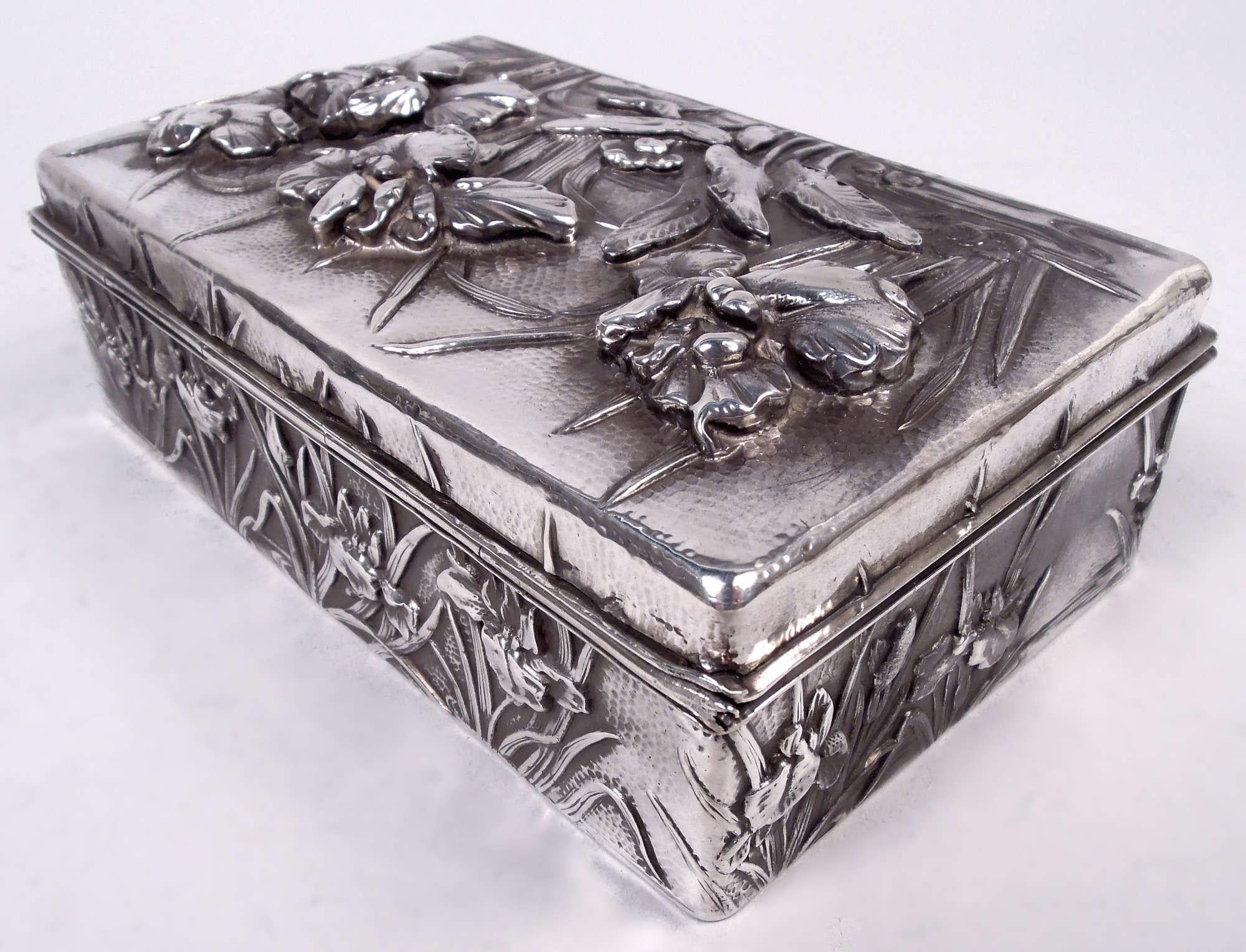 Antique Japanese Meiji Art Nouveau Silver Box with Iris Flowers For Sale 2