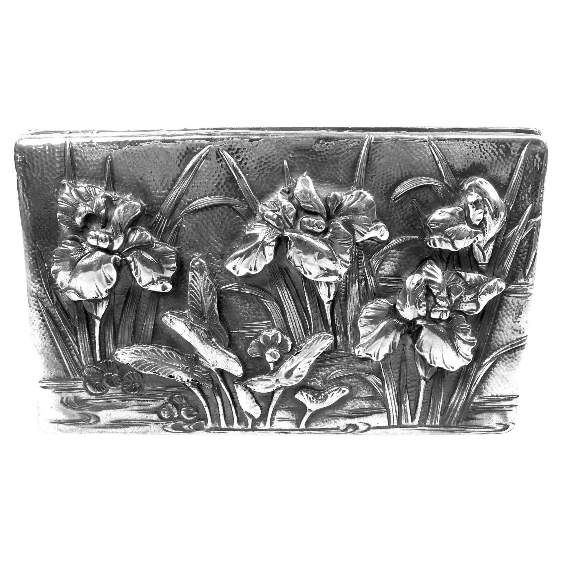 Antique Japanese Meiji Art Nouveau Silver Box with Iris Flowers For Sale