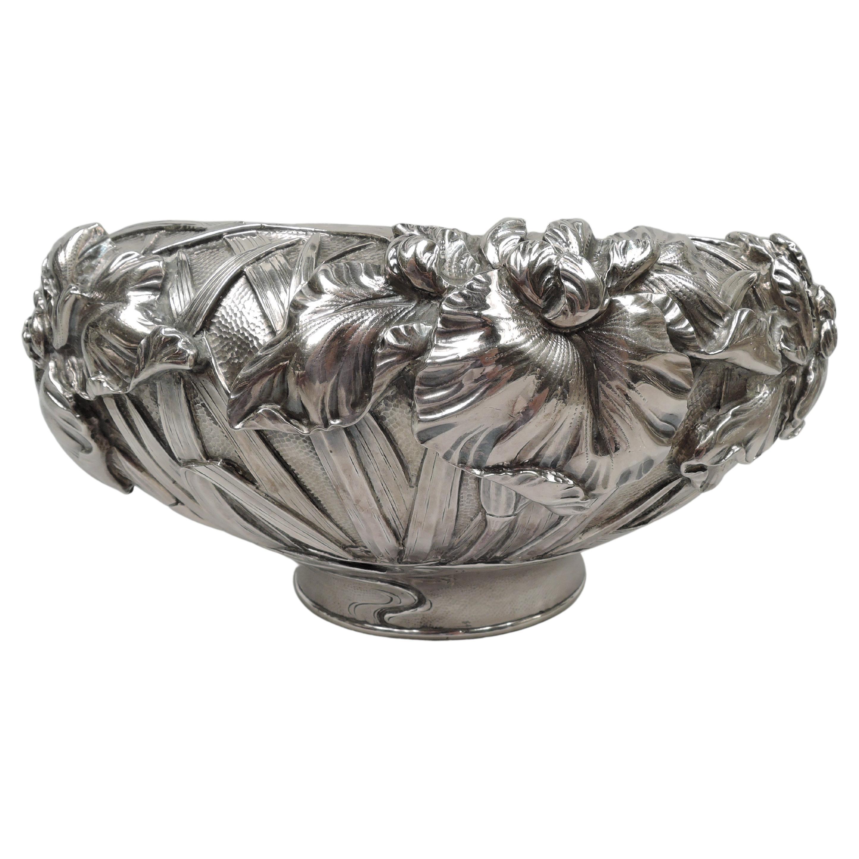 Antique Japanese Meiji Art Nouveau Silver Iris Centerpiece Bowl