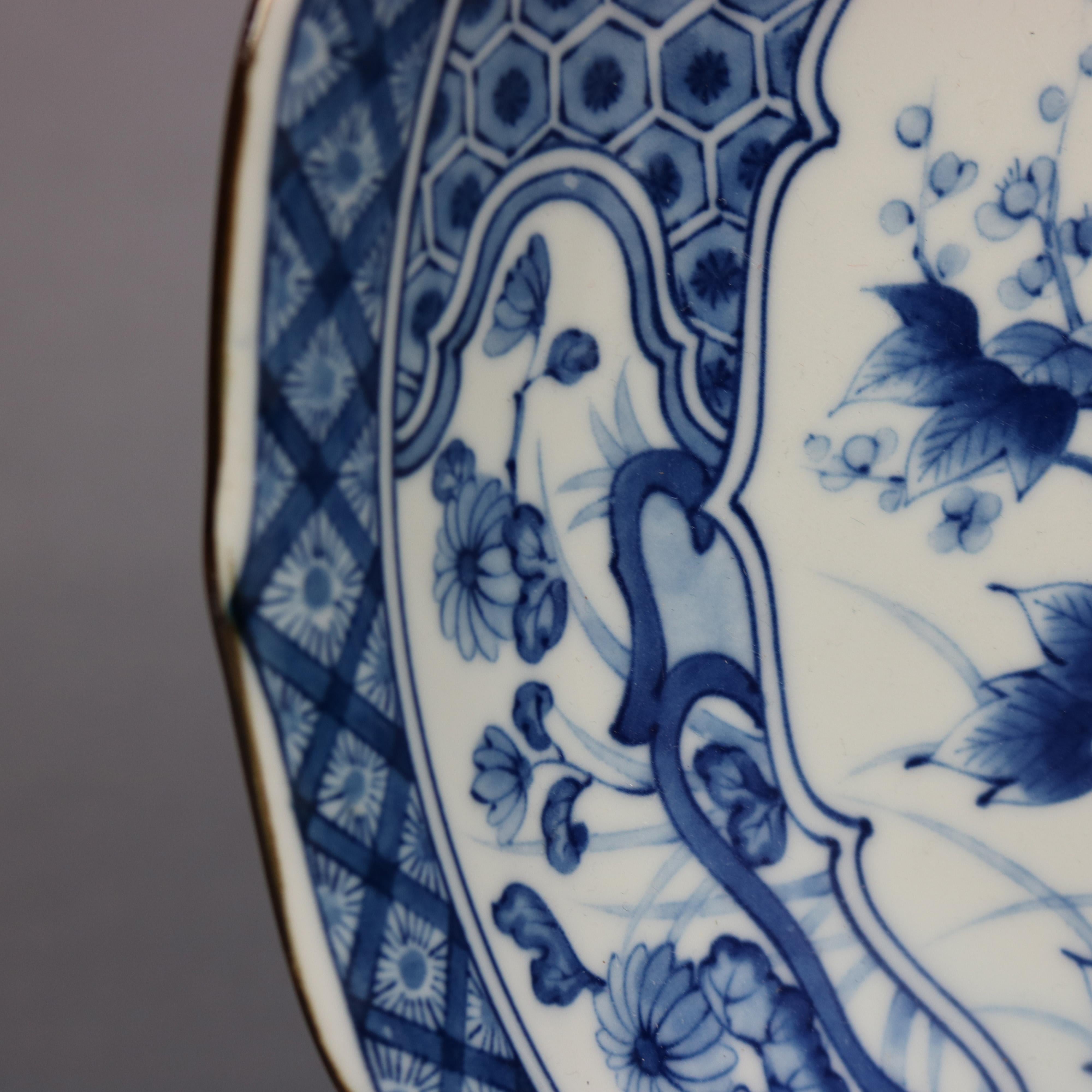 Fired Antique Japanese Meiji Blue & White Porcelain Peacock Low Bowl, 20th C