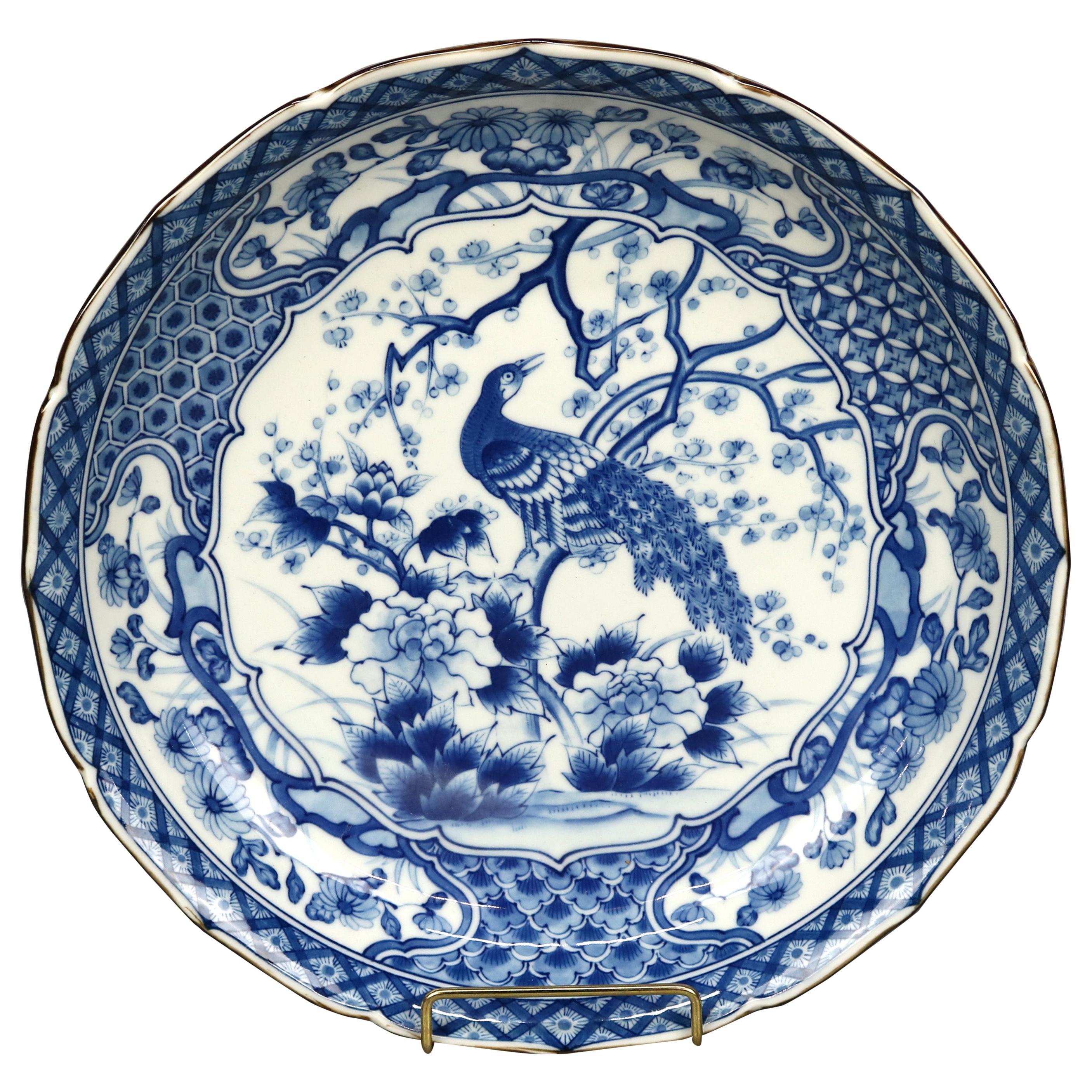 Antique Japanese Meiji Blue & White Porcelain Peacock Low Bowl, 20th C