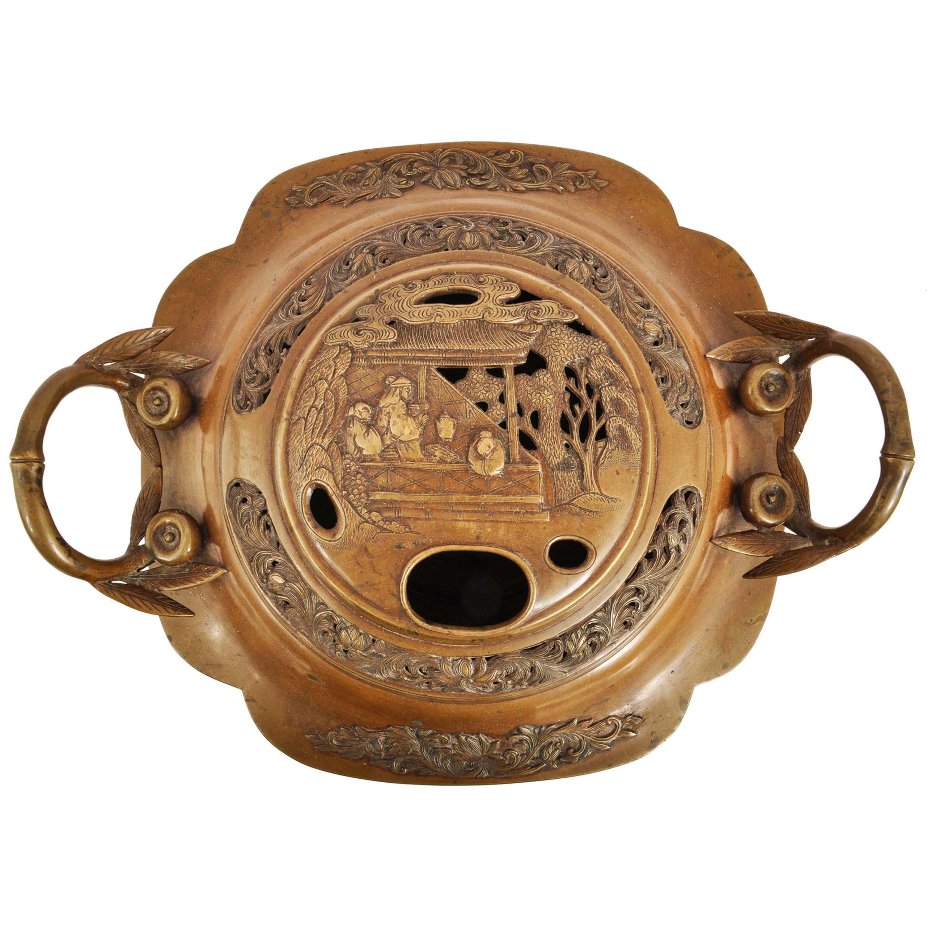 Cast Antique Japanese Meiji Bronze Censer Insence Koro Hand Warmer Brazier 1890 For Sale