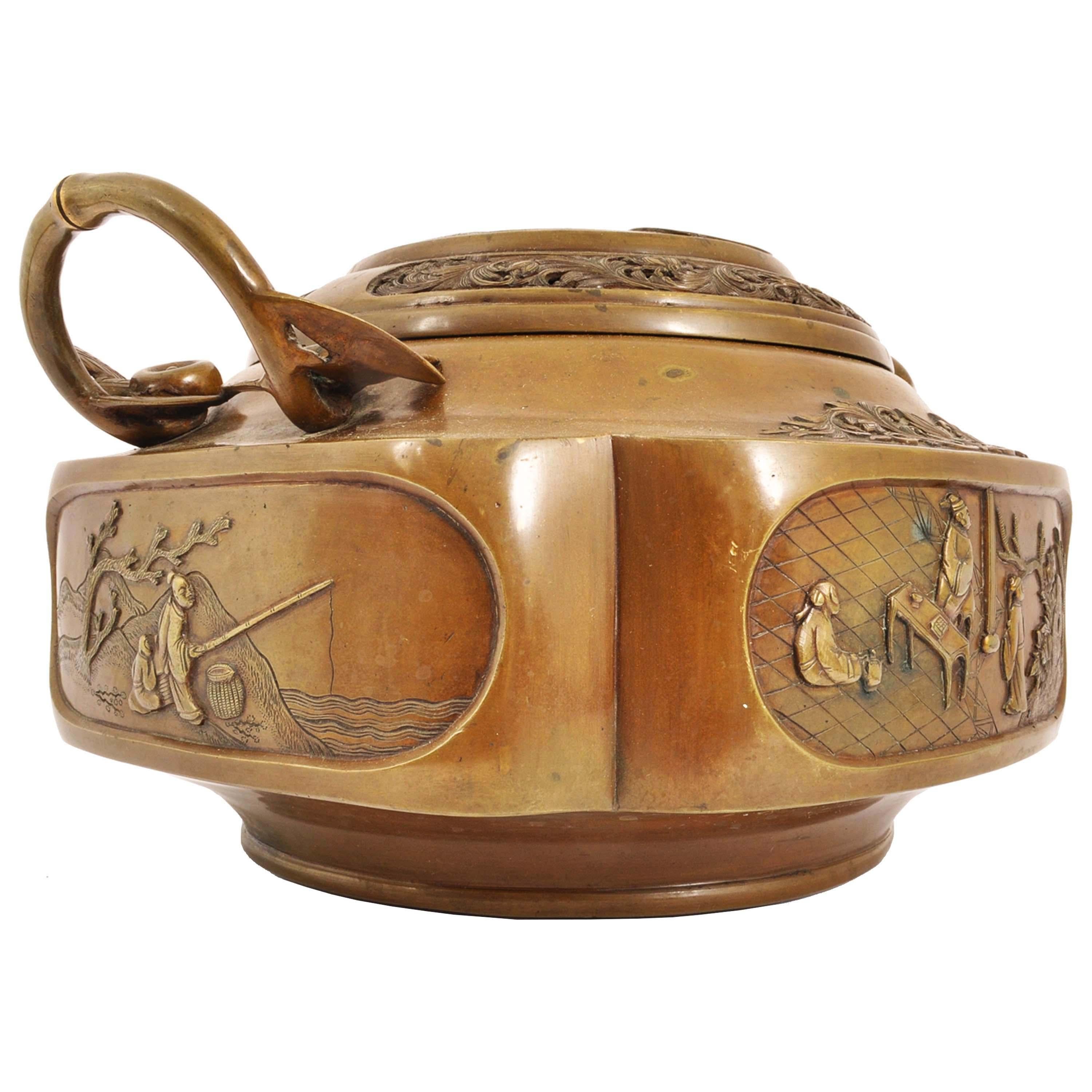 Late 19th Century Antique Japanese Meiji Bronze Censer Insence Koro Hand Warmer Brazier 1890 For Sale