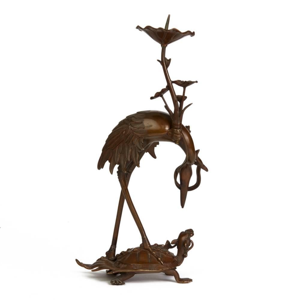 Antique Japanese Meiji Bronze Crane Pricket Stick, 19th Century In Excellent Condition In Bishop's Stortford, Hertfordshire