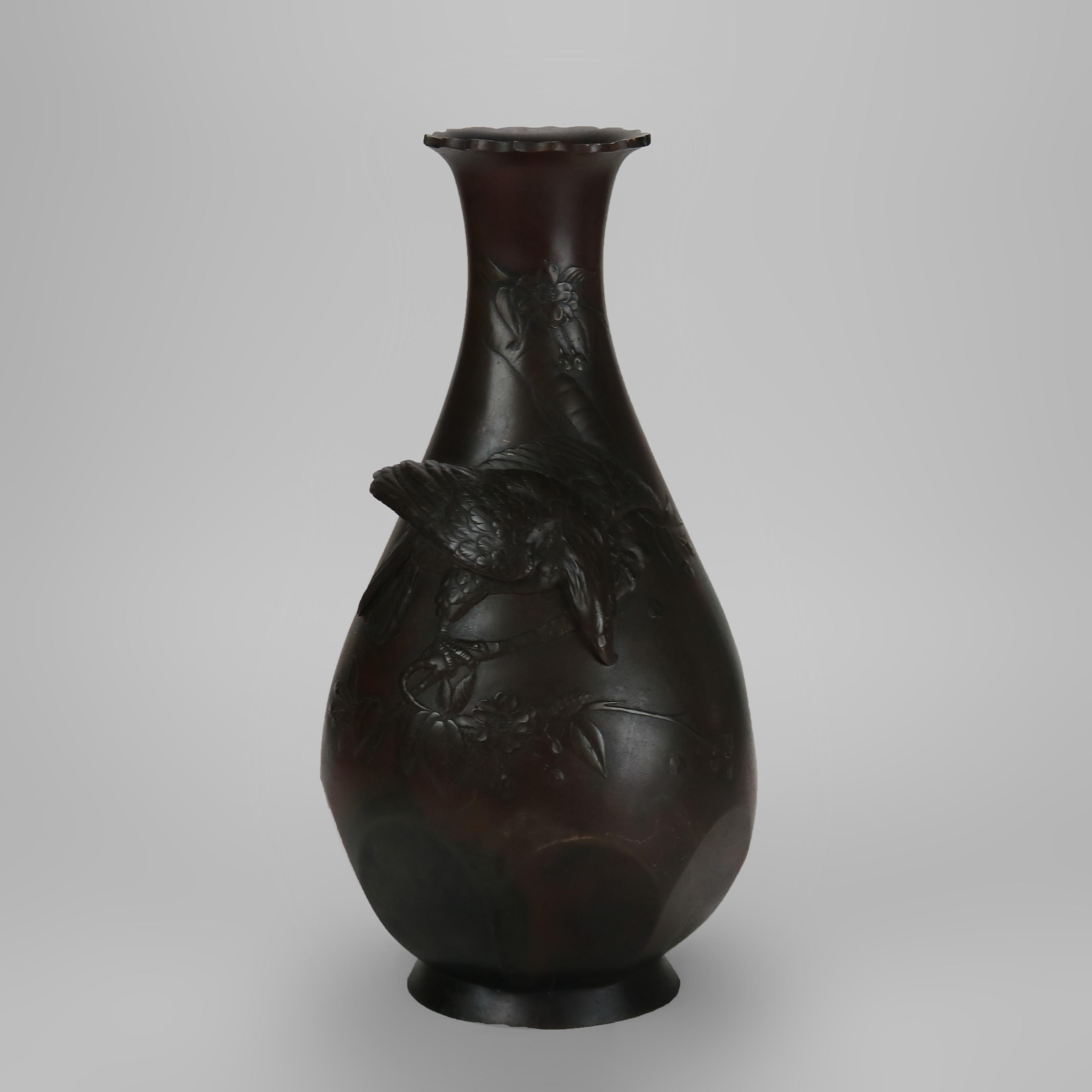 Antique Japanese Meiji Bronze Figural Eagle Open Bottom Vase c1900