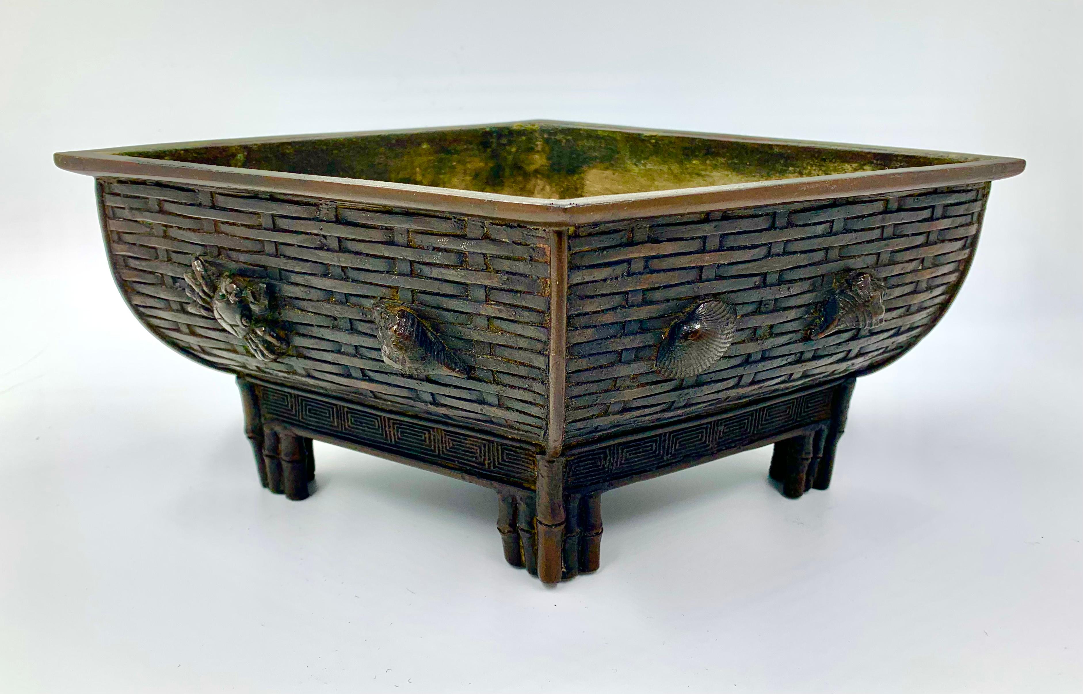 Antique Japanese Meiji Bronze Lobster, Seashell, Basketweave, Bamboo Planter For Sale 6