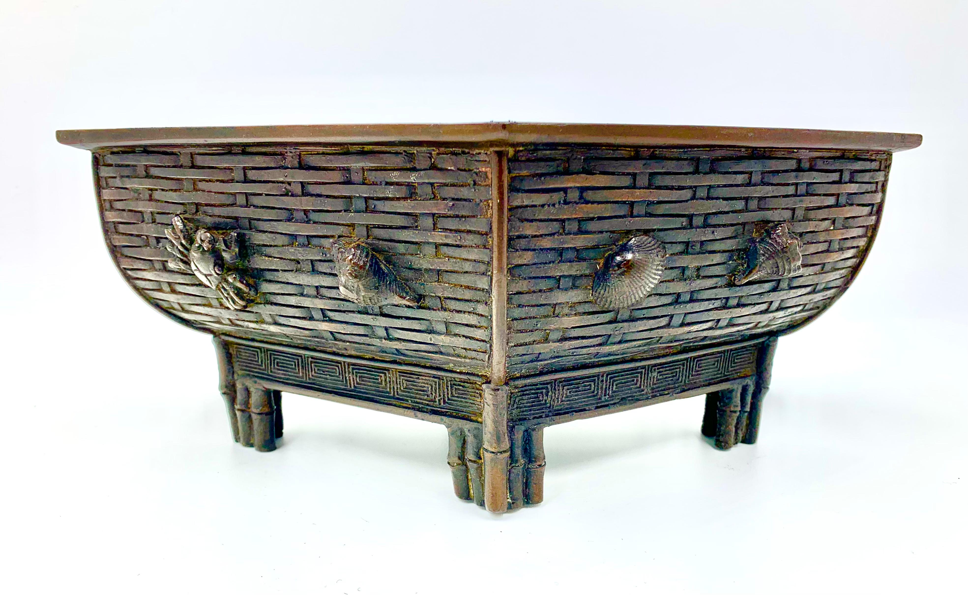 Antique Japanese Meiji Bronze Lobster, Seashell, Basketweave, Bamboo Planter For Sale 7