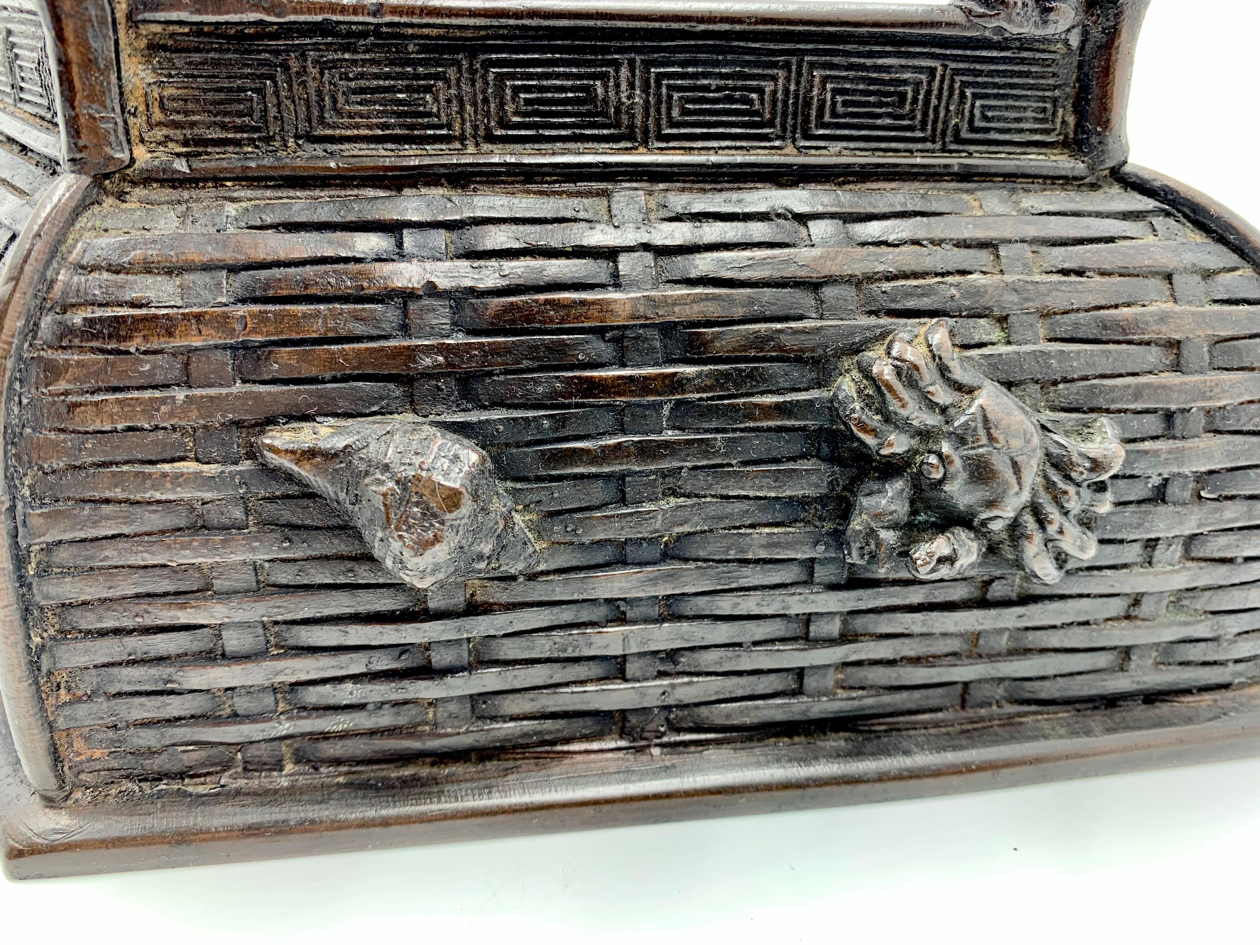 Antique Japanese Meiji Bronze Lobster, Seashell, Basketweave, Bamboo Planter For Sale 1