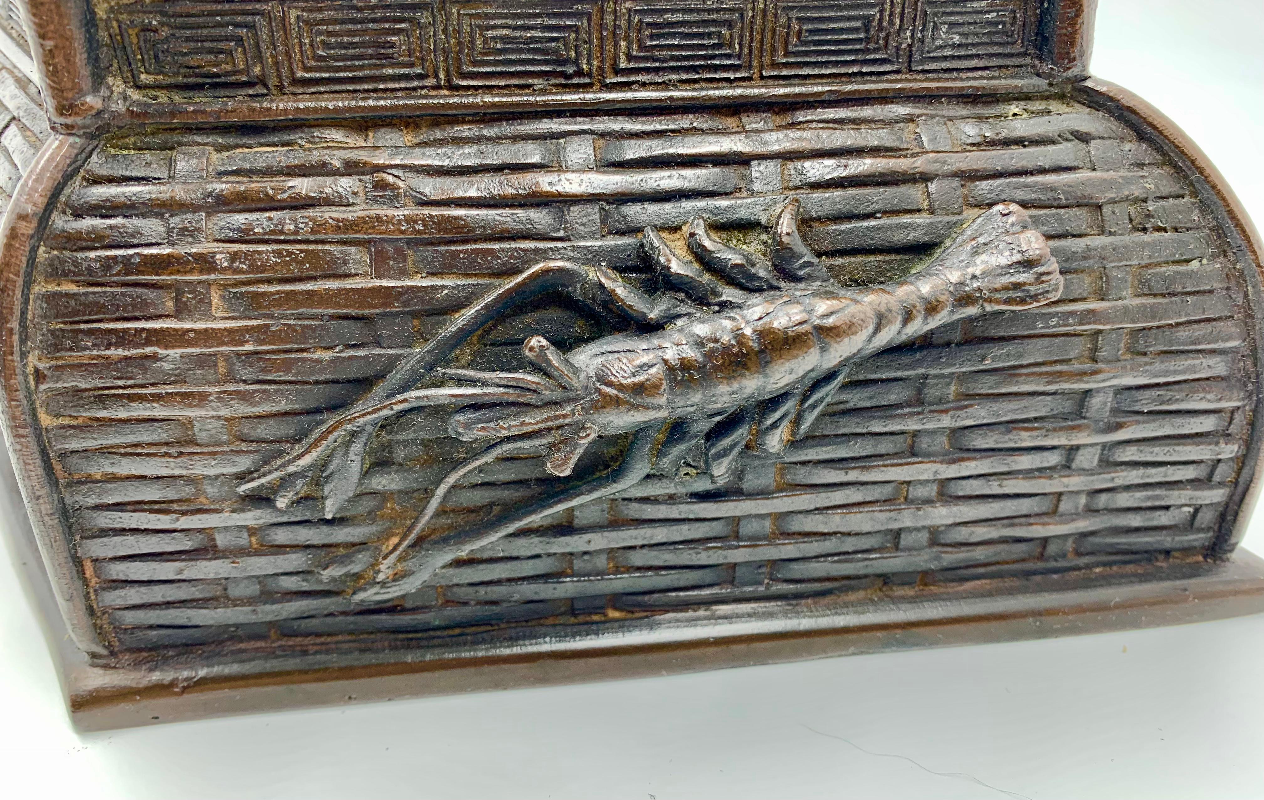 Antique Japanese Meiji Bronze Lobster, Seashell, Basketweave, Bamboo Planter  For Sale 2
