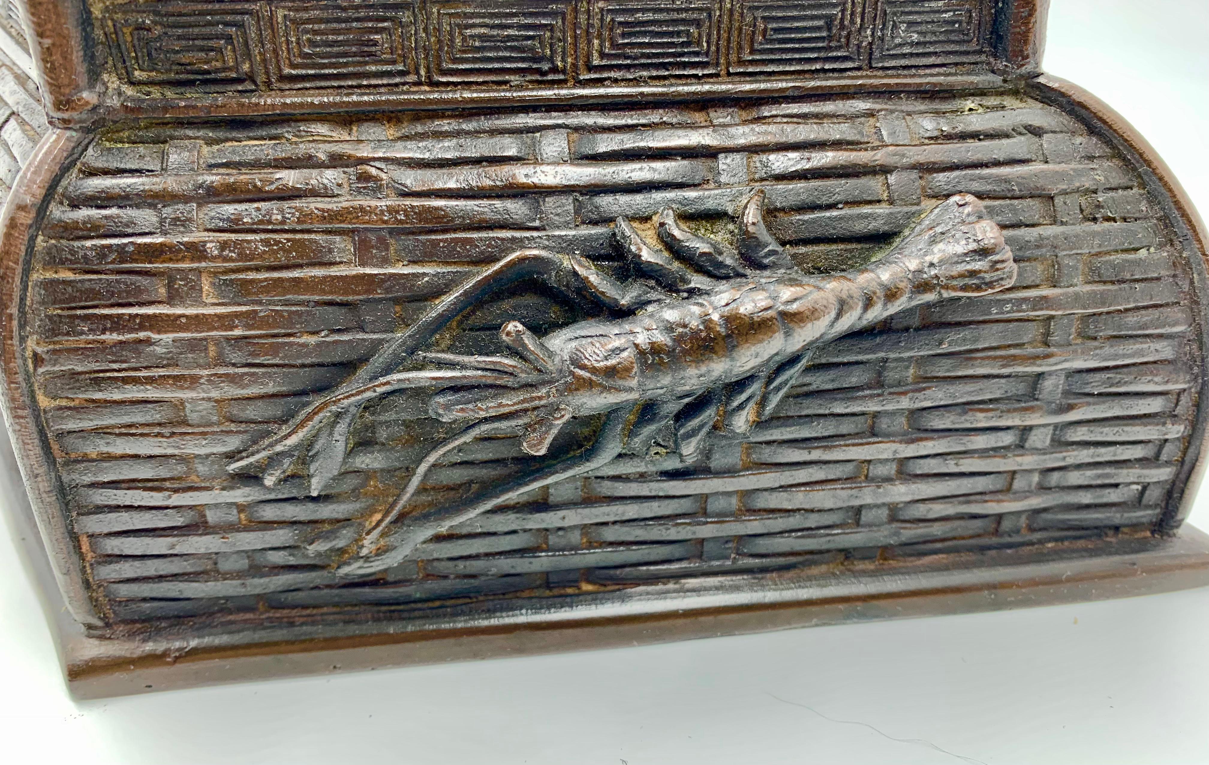 Antique Japanese Meiji Bronze Lobster, Seashell, Basketweave, Bamboo Planter For Sale 2