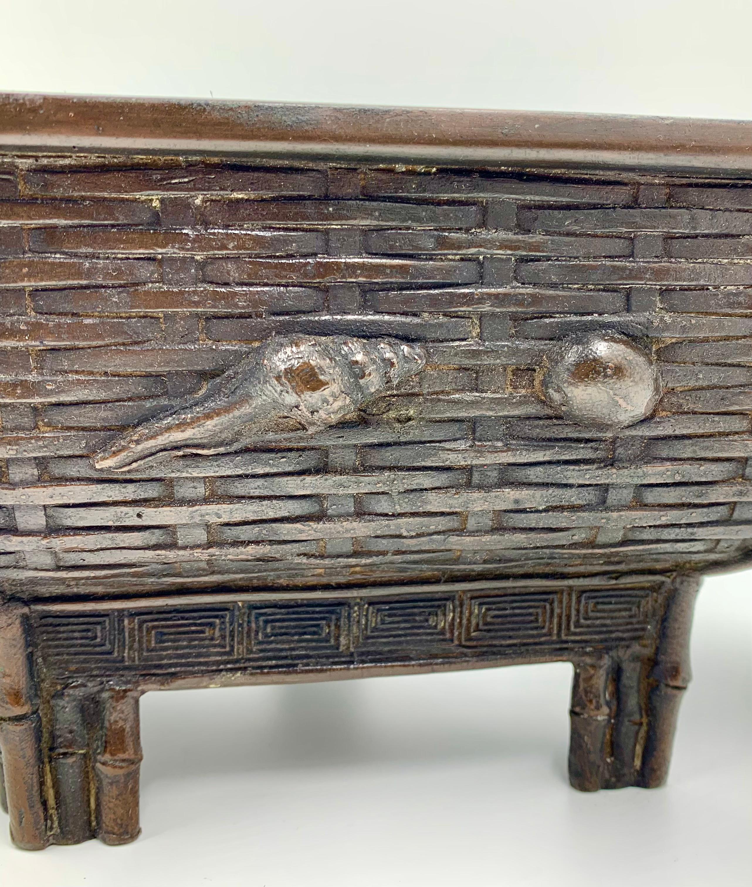 Antique Japanese Meiji Bronze Lobster, Seashell, Basketweave, Bamboo Planter For Sale 3