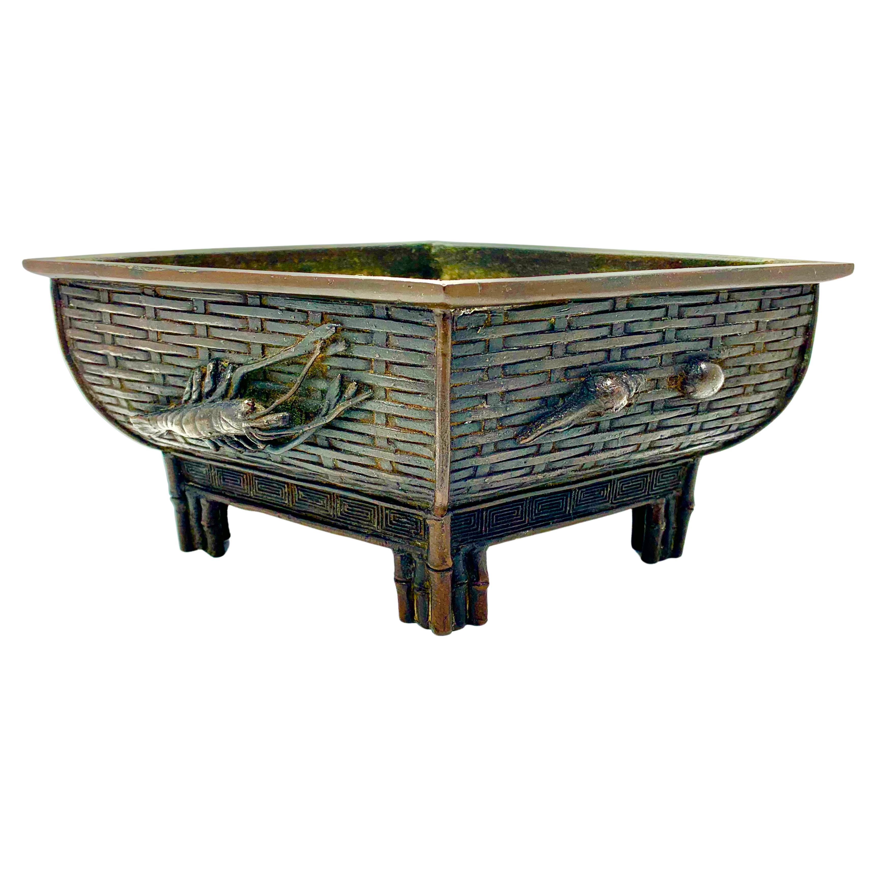 Antique Japanese Meiji Bronze Lobster, Seashell, Basketweave, Bamboo Planter 