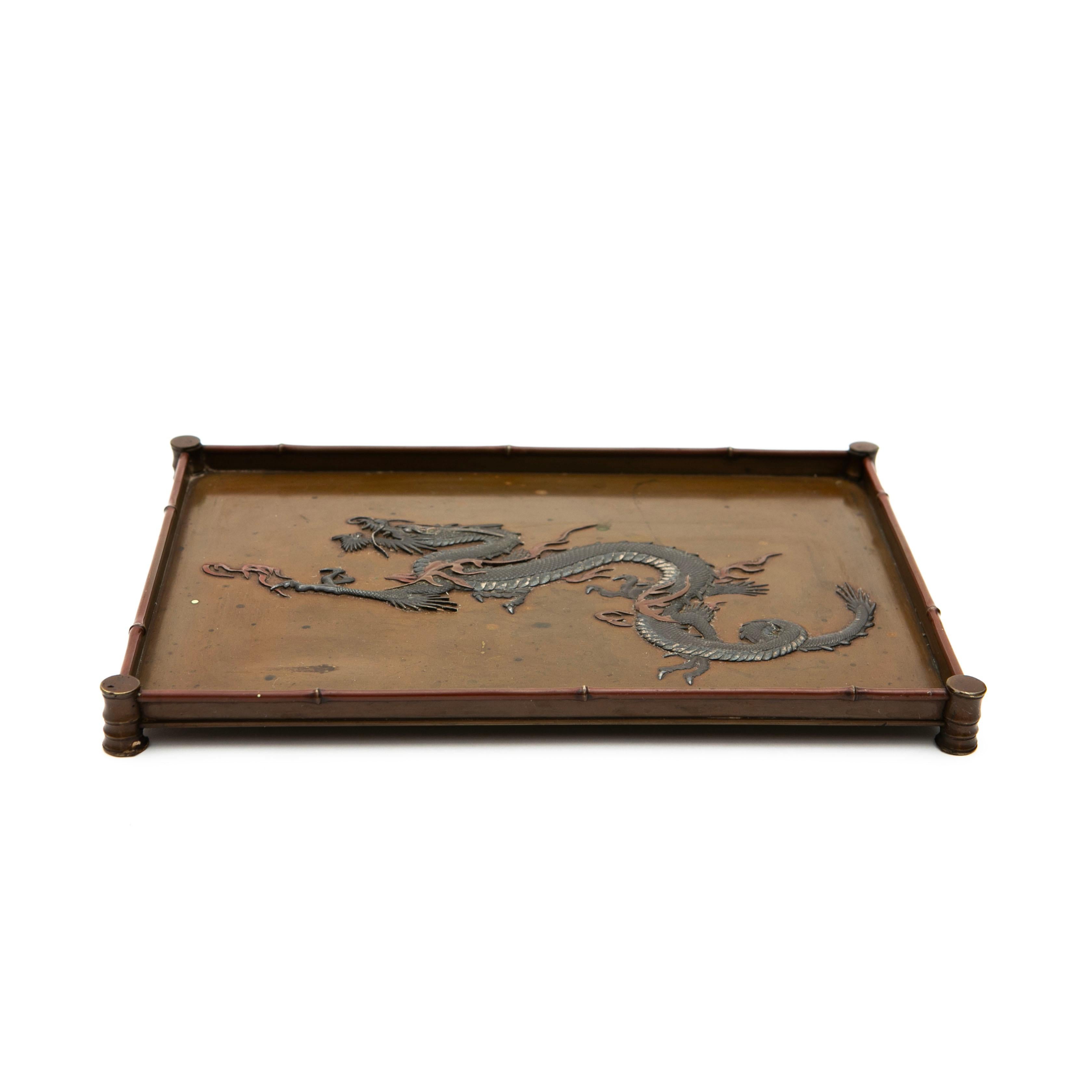 Patinated Antique Japanese Meiji Bronze Tray with Dragon Motif and Bamboo-Style Edges For Sale