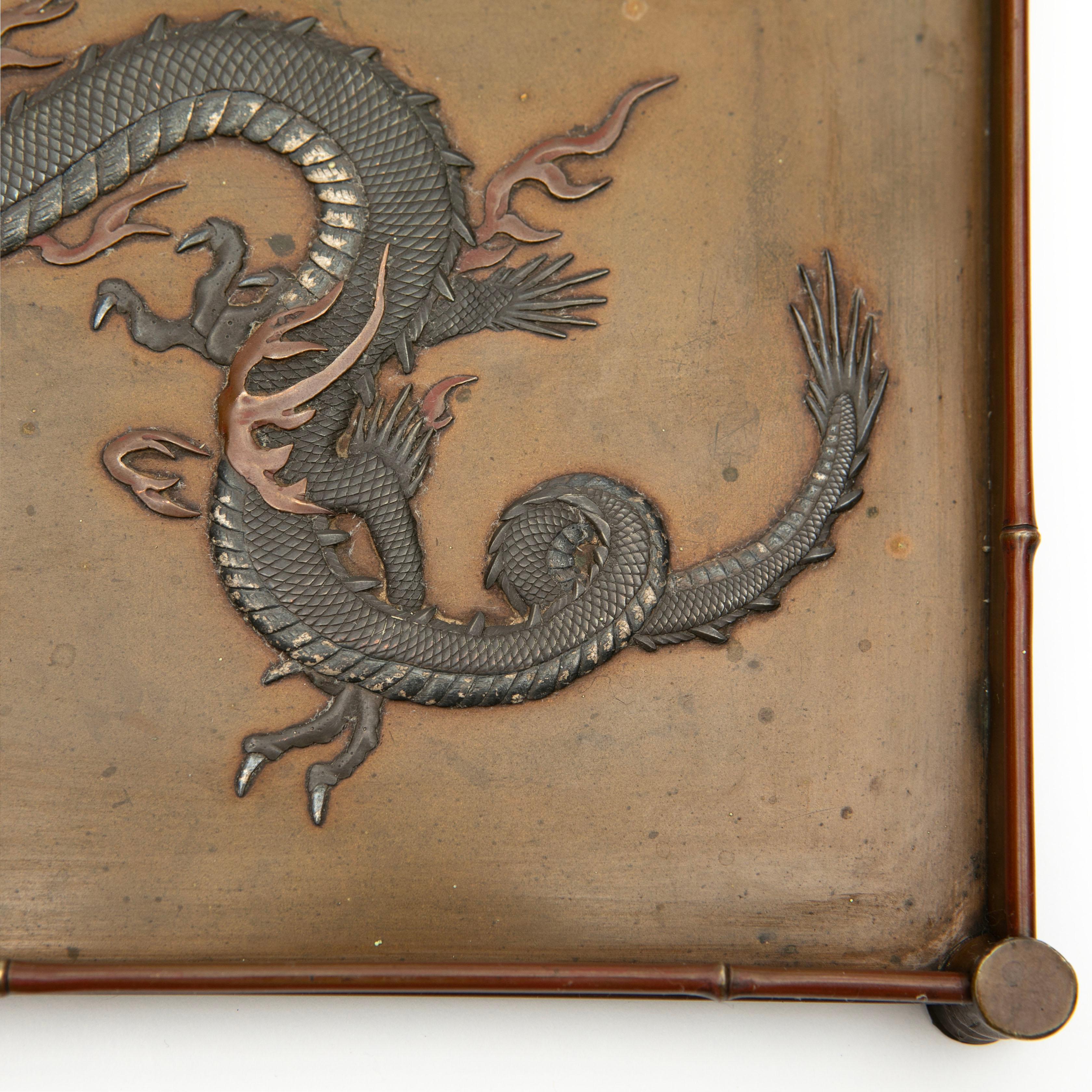 19th Century Antique Japanese Meiji Bronze Tray with Dragon Motif and Bamboo-Style Edges For Sale
