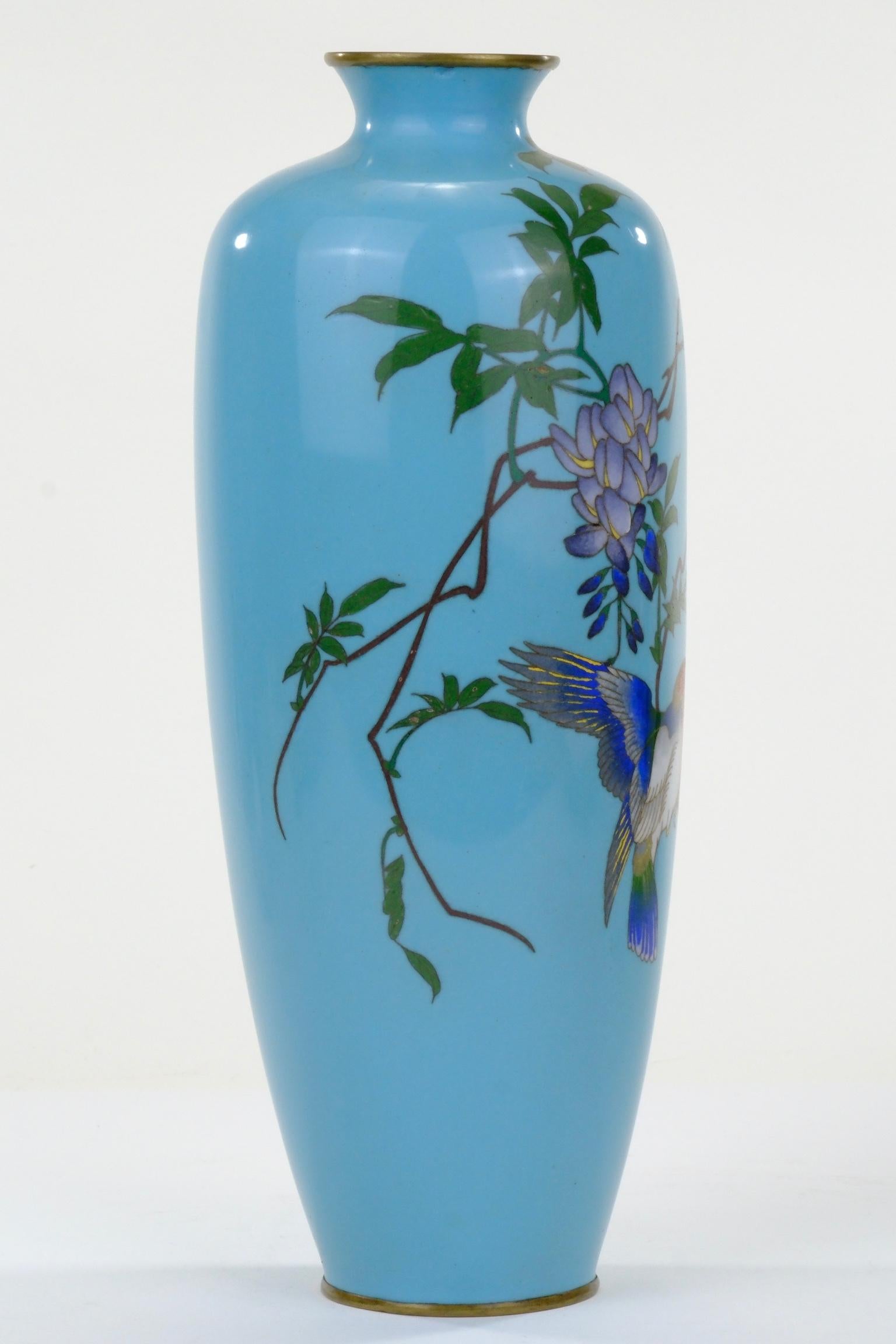 Fatto a mano Antico vaso giapponese Meiji (c1880) Cloisonné Wisteria & Bluebird Turchese 12