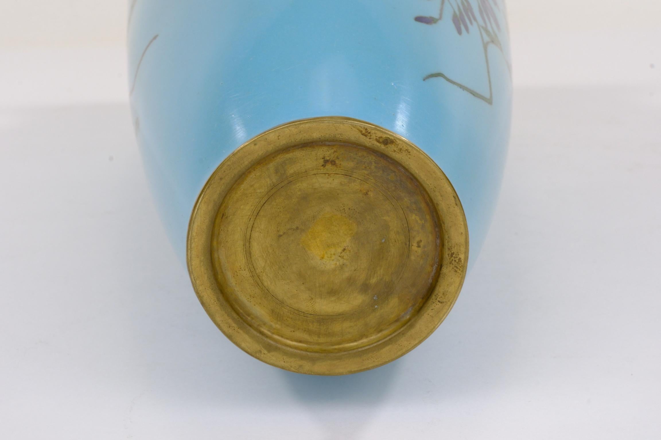 Rame Antico vaso giapponese Meiji (c1880) Cloisonné Wisteria & Bluebird Turchese 12