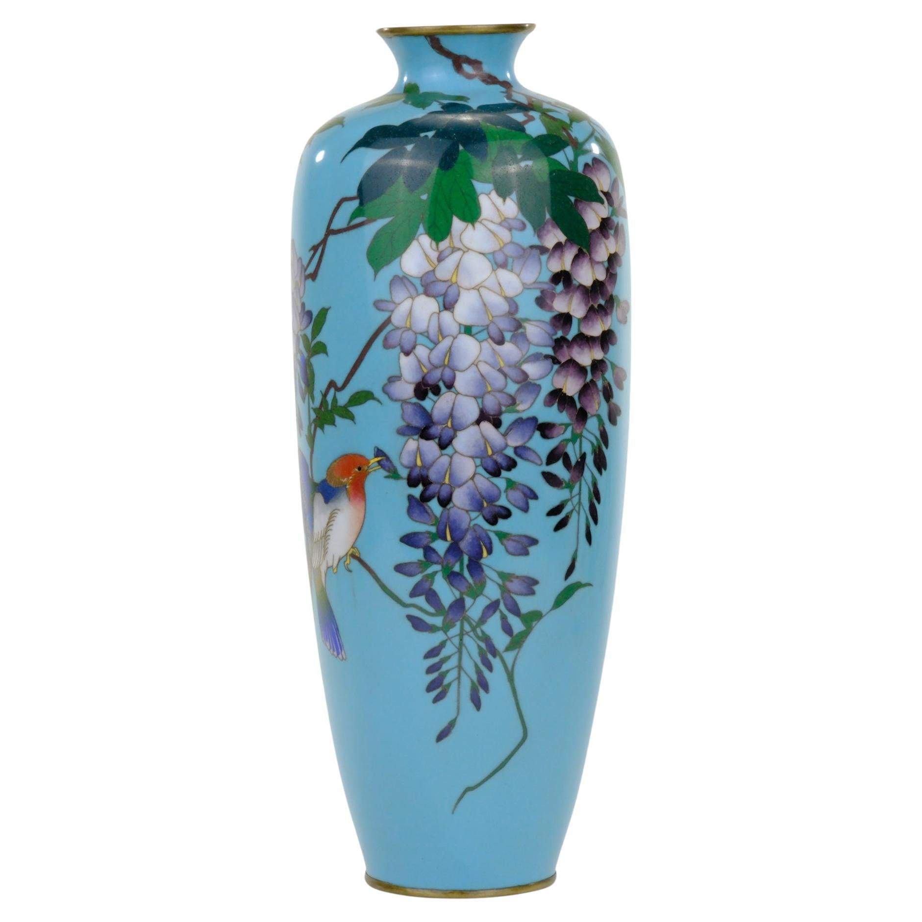 Antique Japanese Meiji (c1880) Cloisonné Vase Wisteria & Bluebird Turquoise 12"