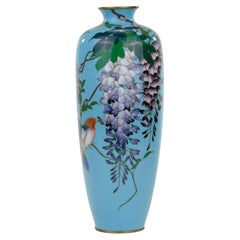 Antique Japanese Meiji (c1880) Cloisonné Vase Wisteria & Bluebird Turquoise 12"