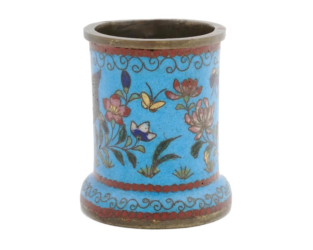 Antique Japanese Meiji Cloisonne Enamel Brush Pot In Good Condition In Long Island City, NY